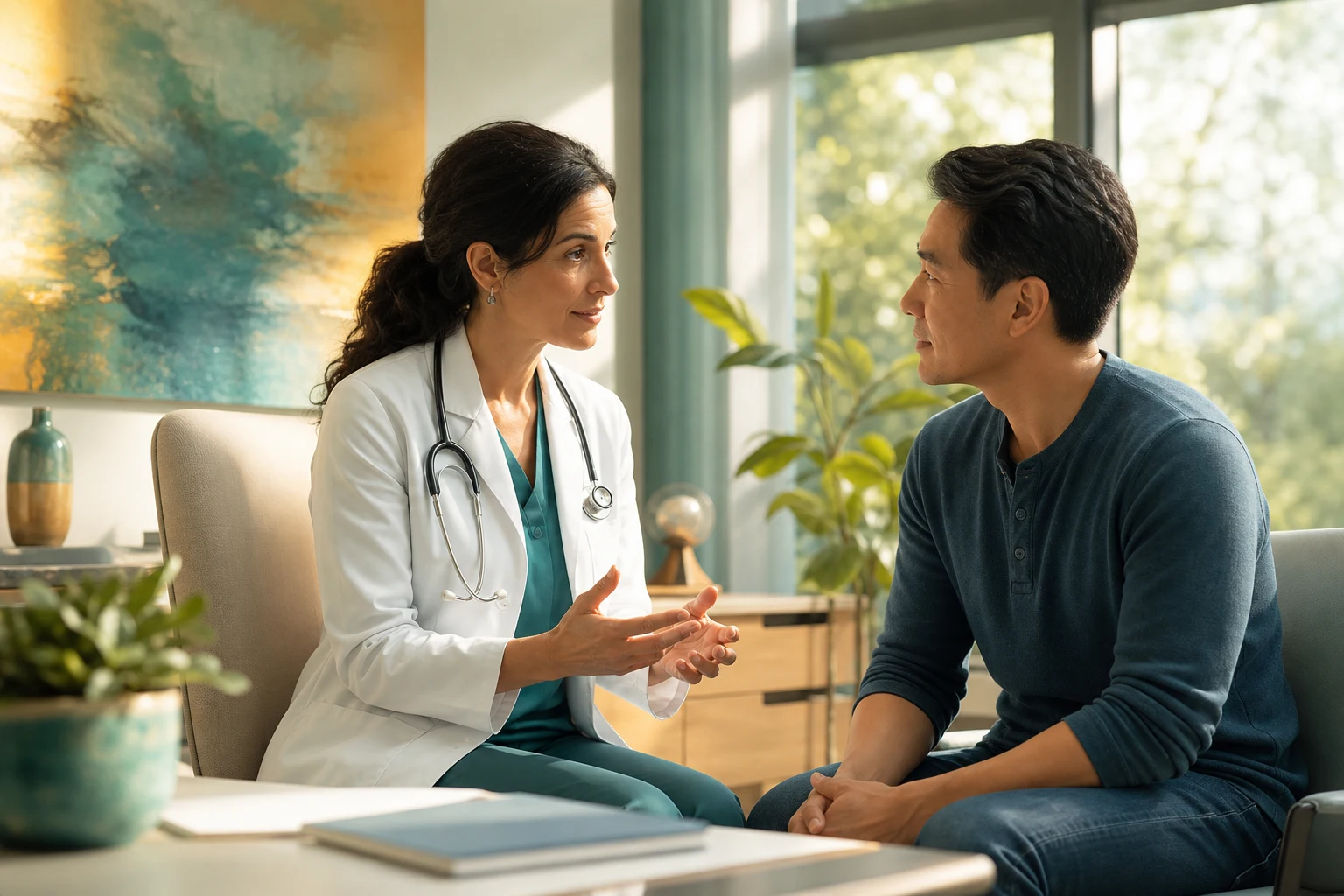Medical ethics at the bedside — the physician holding the balance between the patient's autonomous voice and the duty to act in their best interest, framed by the four principles