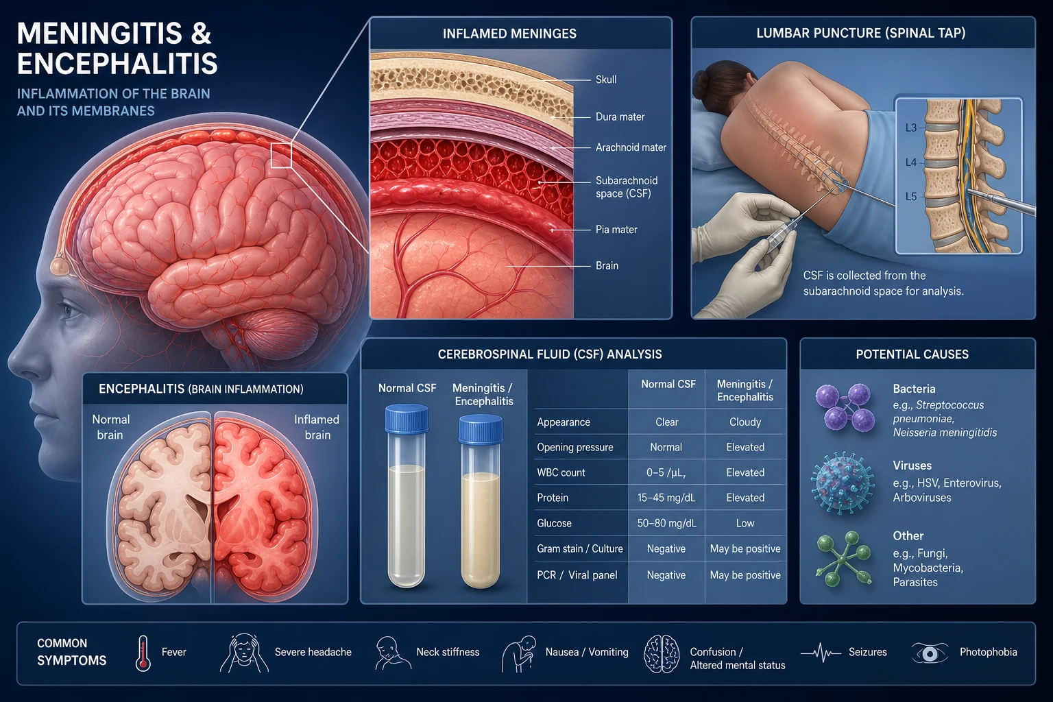 CNS infection concept — meningitis (meningeal inflammation) versus encephalitis (parenchymal involvement) with empiric therapy timeline