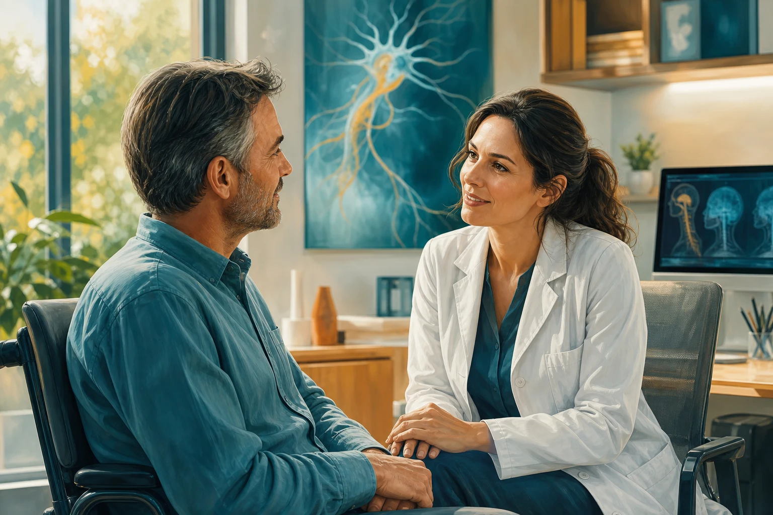 Motor neuron disease — combined upper motor neuron signs (spasticity, hyperreflexia, Babinski) and lower motor neuron signs (wasting, fasciculations) in the same body region, with a cortical and anterior horn cell inset showing motor neuron degeneration