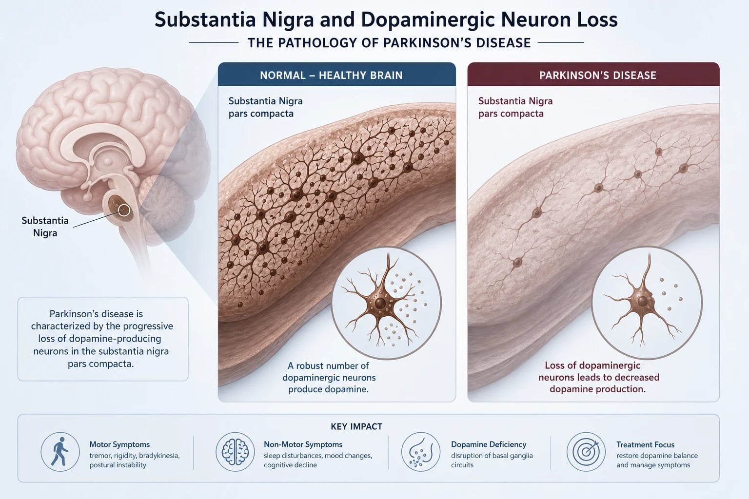 Parkinson's disease — anatomical illustration of the substantia nigra with dopaminergic neuron loss and a Lewy body containing alpha-synuclein