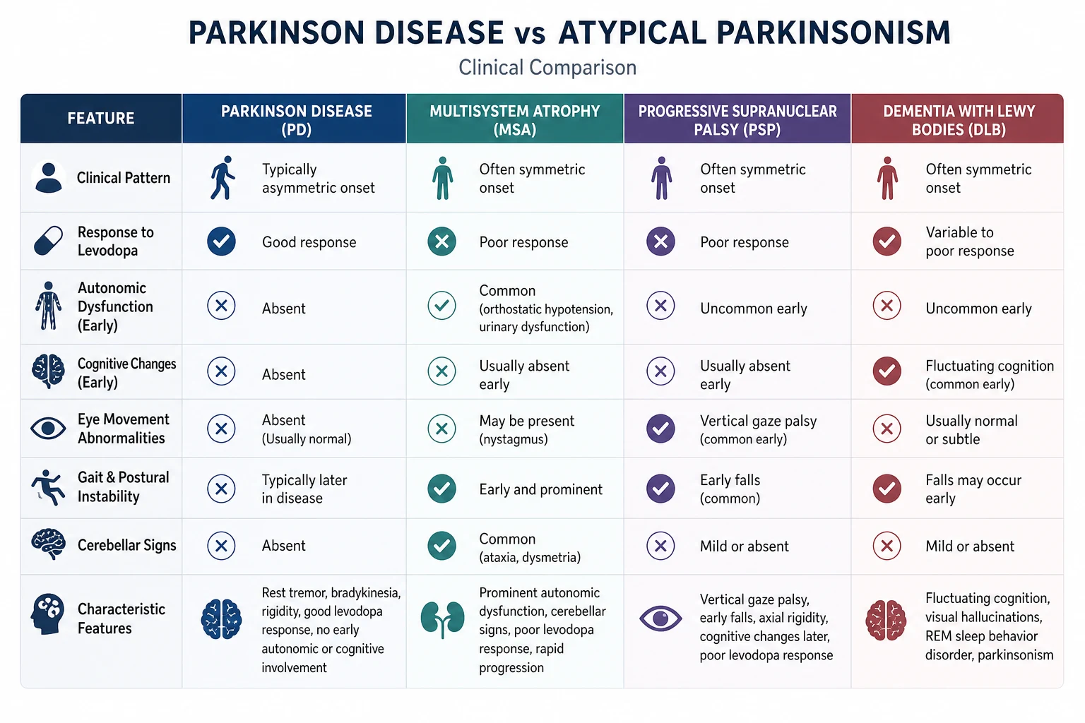 Comparison of idiopathic PD versus the atypical parkinsonian syndromes (MSA, PSP, CBD, DLB) across pathology, cardinal features, red flags and levodopa response