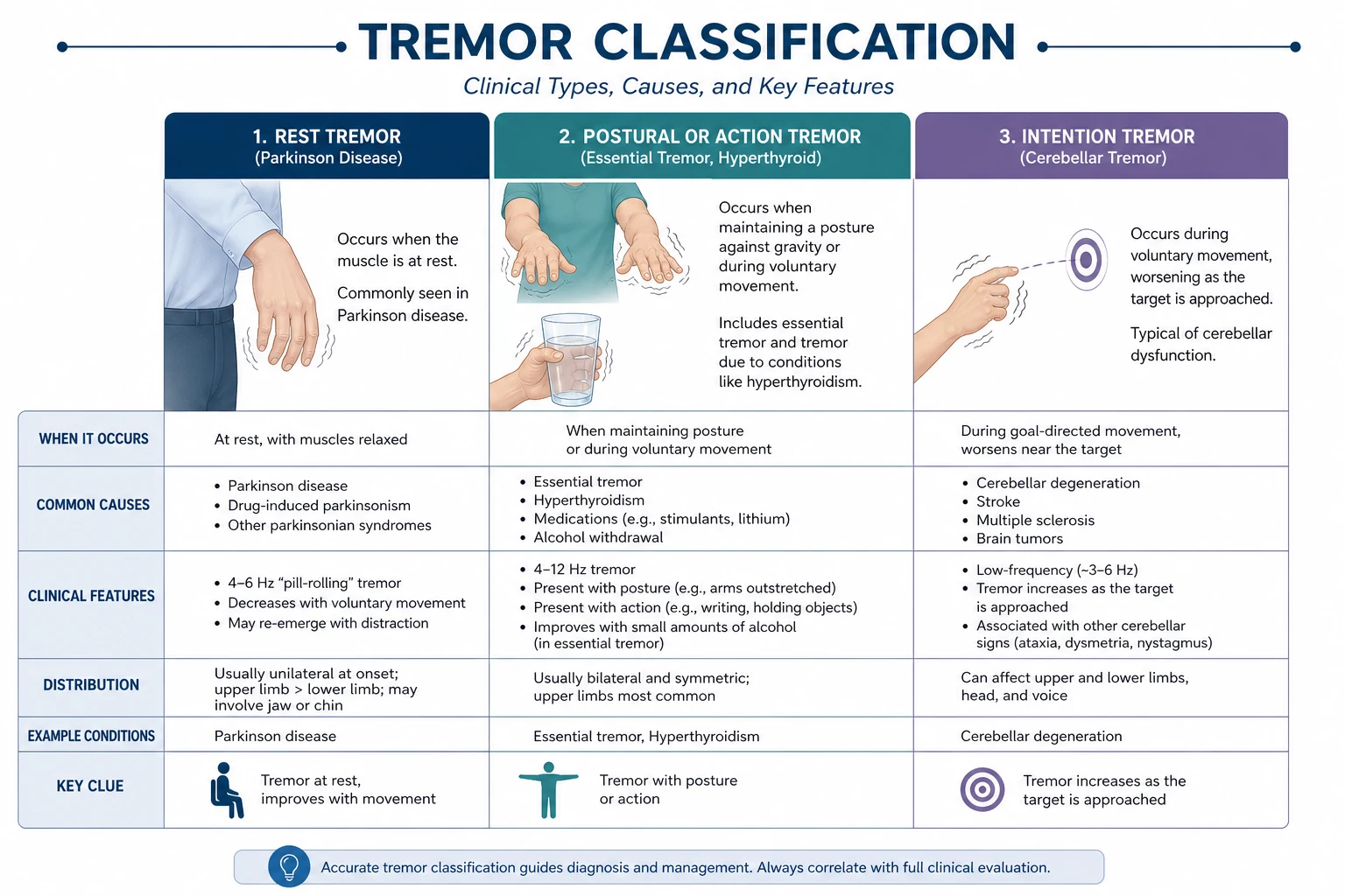 Tremor classification tree — rest tremor (parkinsonian) vs action tremor (postural, kinetic, intention) with discriminators