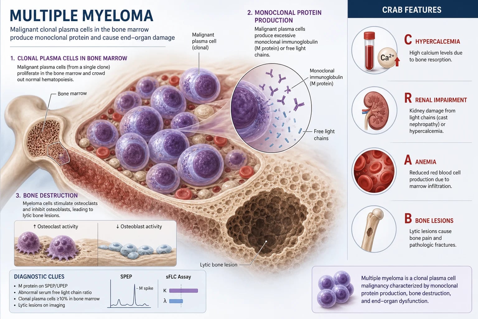 Multiple myeloma — clonal plasma cell expansion in the marrow producing monoclonal protein, lytic bone disease and end-organ damage