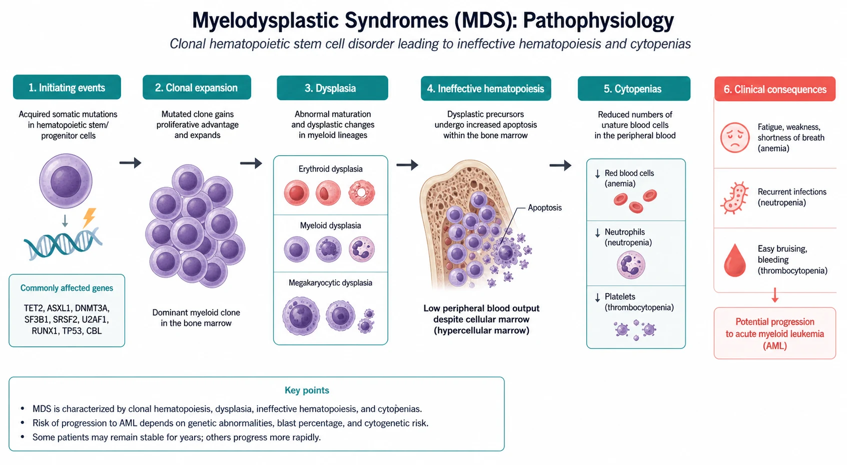 Pathophysiology mechanism diagram for Myelodysplastic Syndromes.