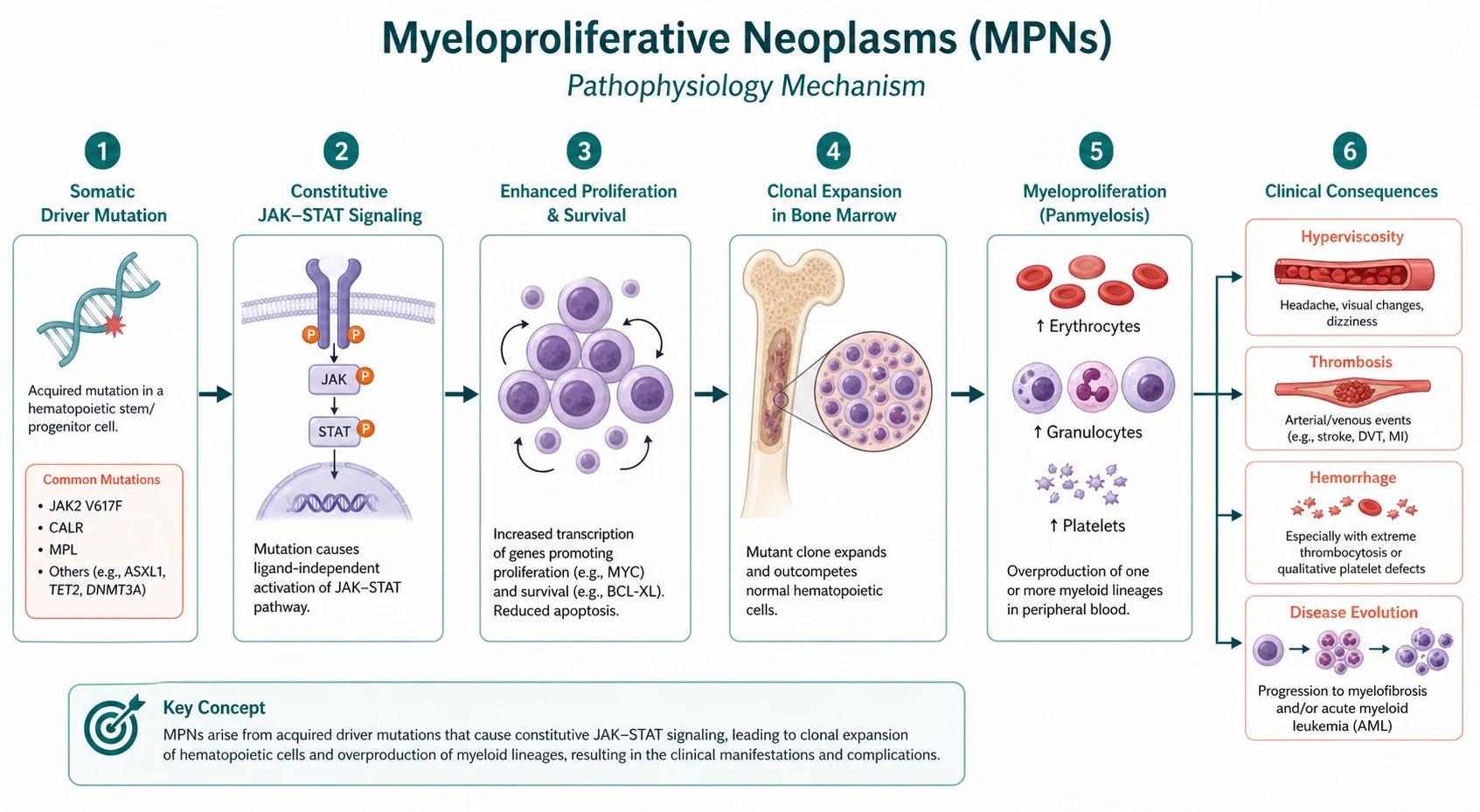 Pathophysiology mechanism diagram for Myeloproliferative Neoplasms.