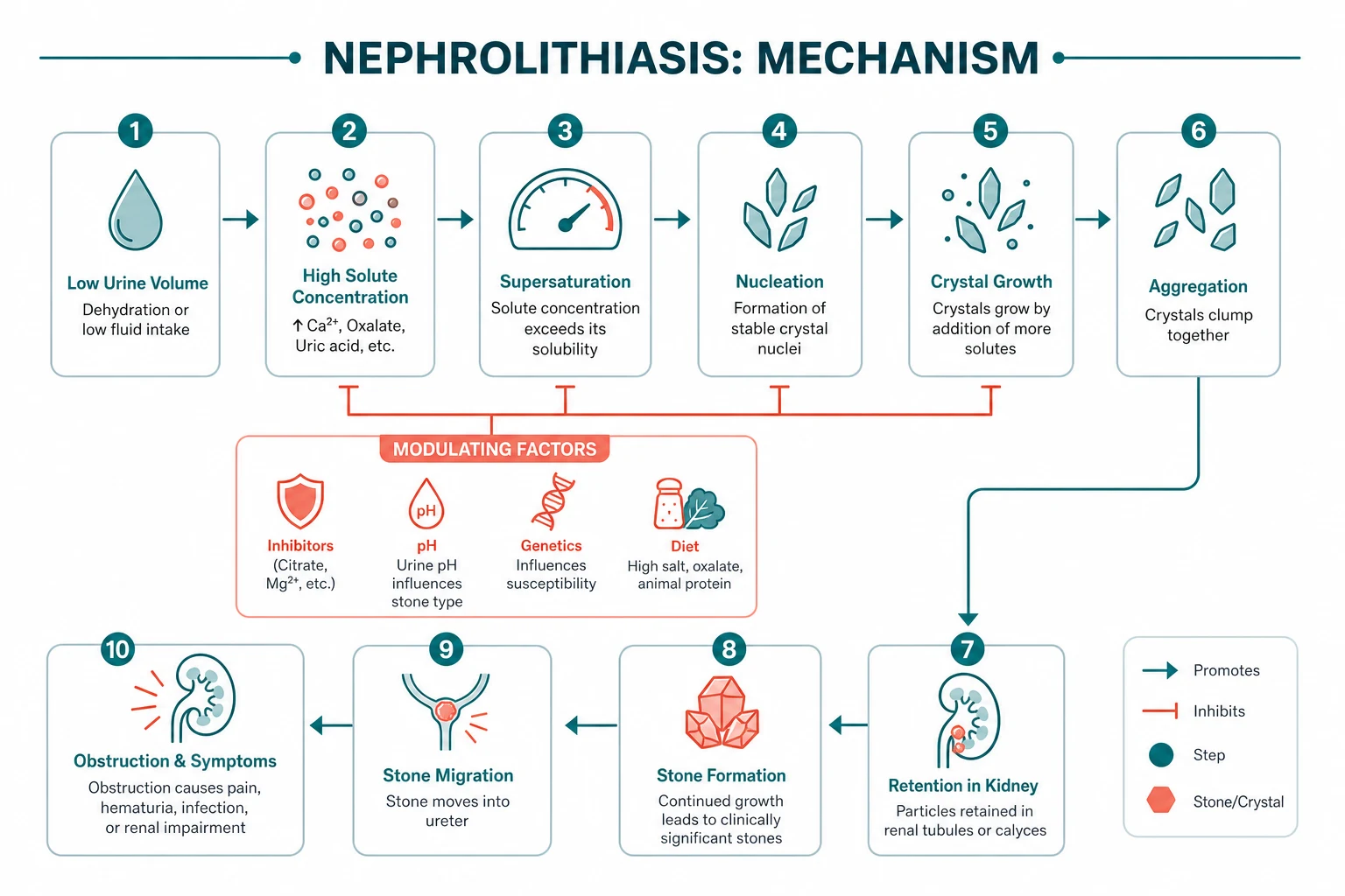 Pathophysiology of nephrolithiasis — supersaturation, Randall plaque, crystal nucleation and growth