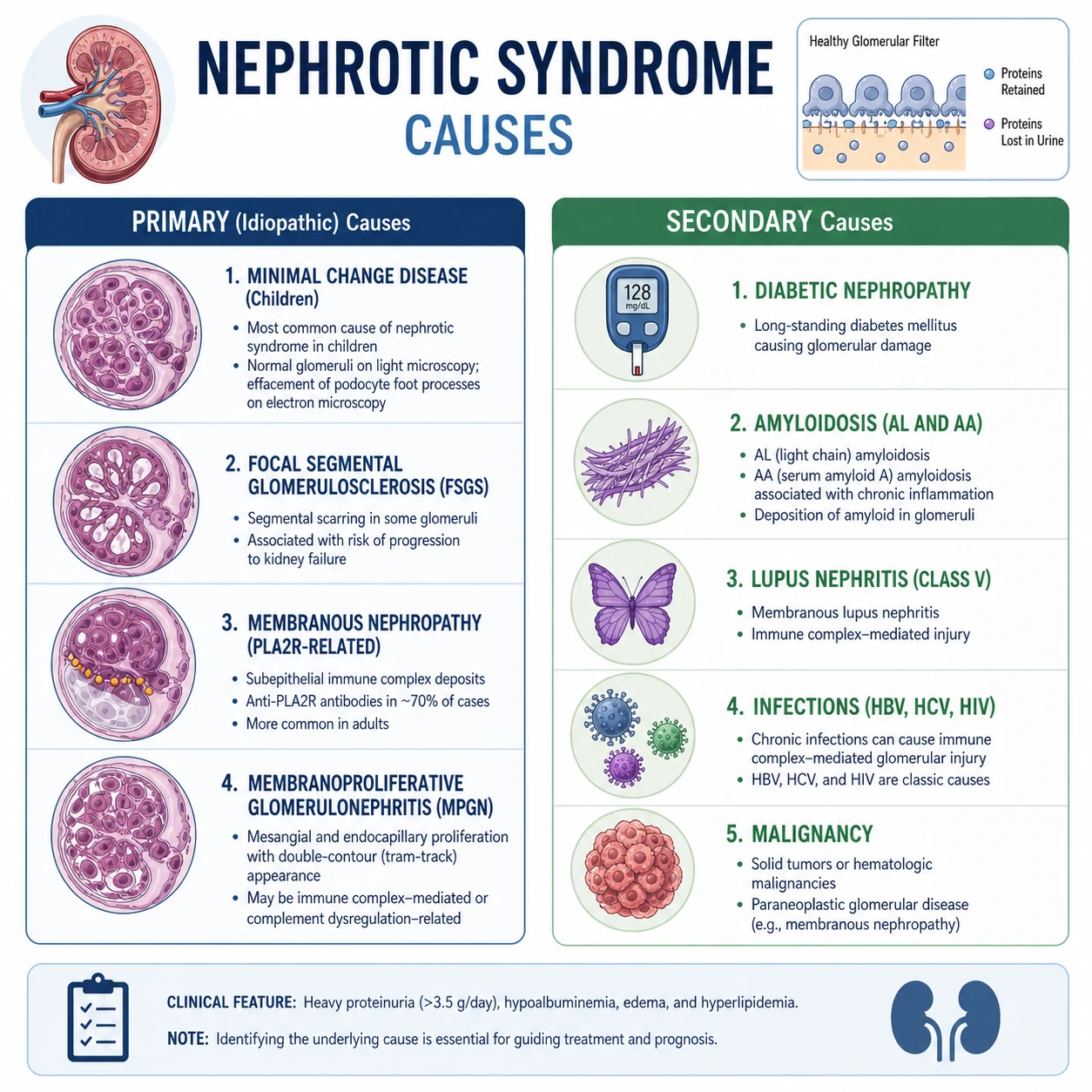 Causes of nephrotic syndrome by age and type — primary glomerular diseases in children versus adults, and secondary systemic causes