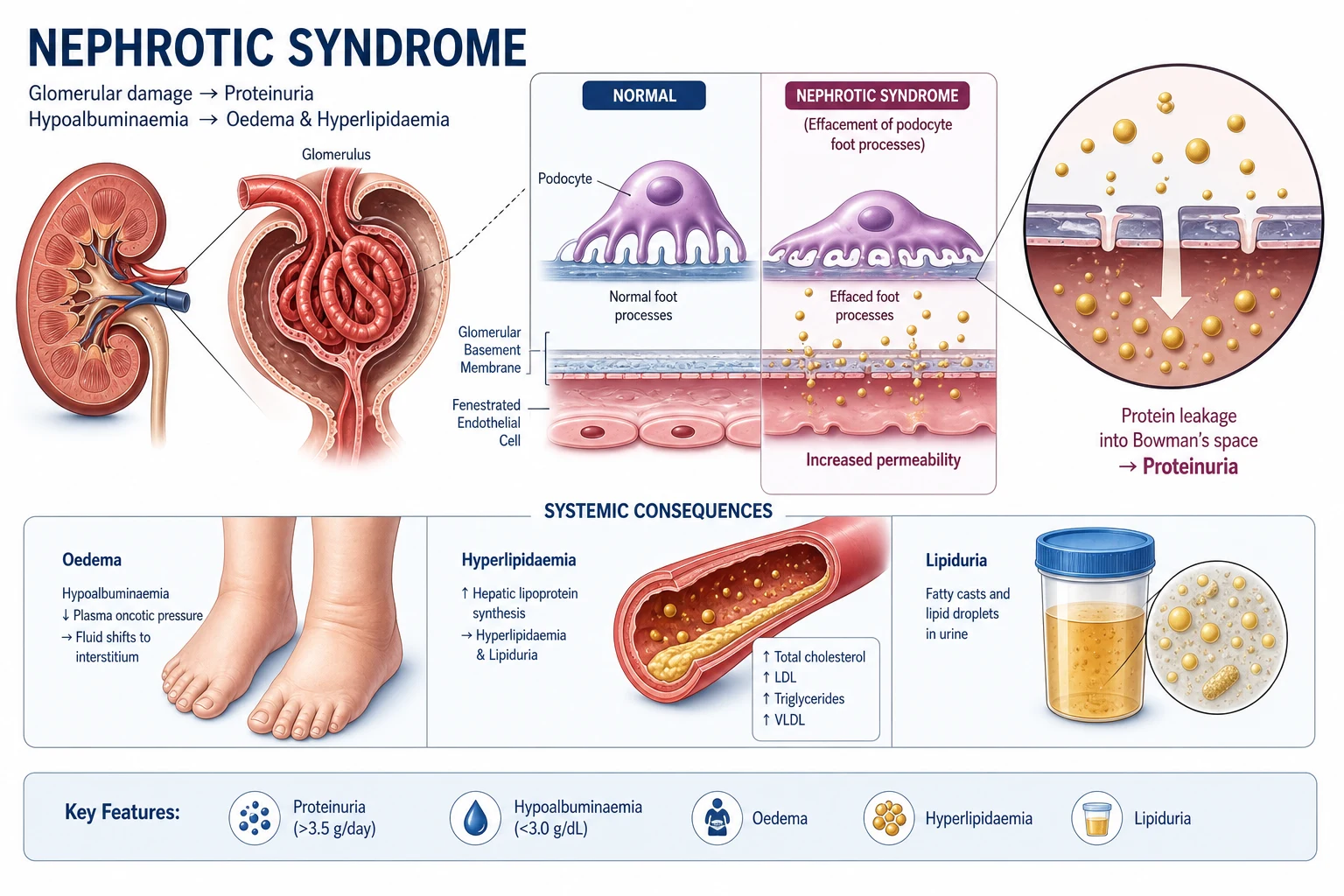 Nephrotic syndrome — heavy proteinuria from a disrupted glomerular filtration barrier producing the tetrad of hypoalbuminaemia, oedema, hyperlipidaemia and lipiduria