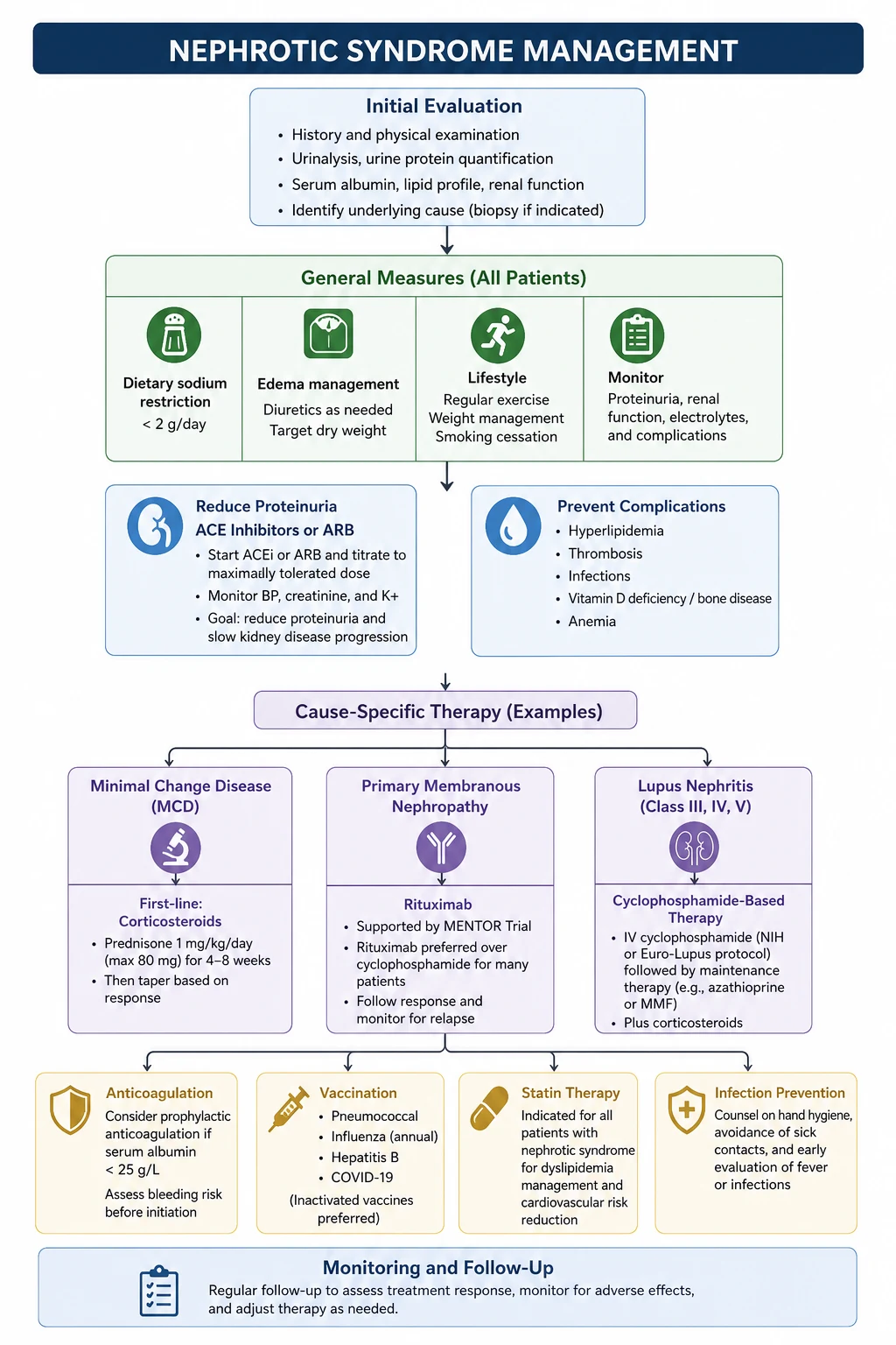 Management algorithm for nephrotic syndrome — quantify proteinuria, search for cause, treat cause-specific immunosuppression, reduce proteinuria with ACEi/ARB, prevent complications (anticoagulation, vaccination, statin, oedema)