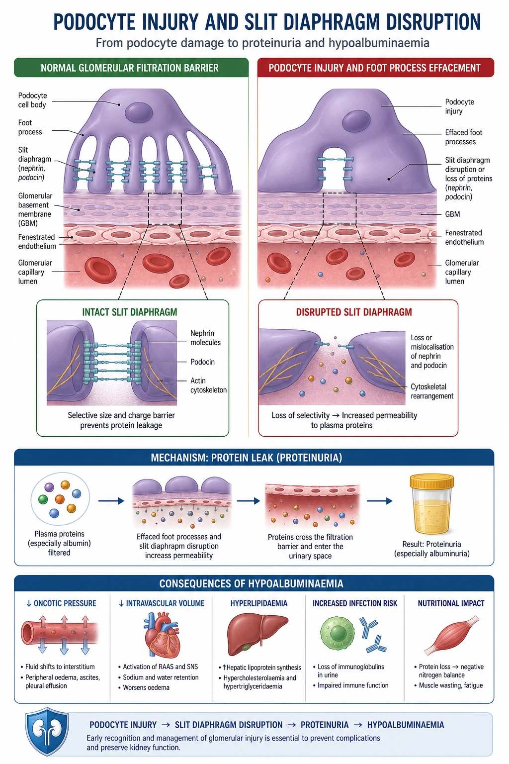 Podocyte injury and slit diaphragm disruption — effacement of foot processes, detachment of podocytes from the glomerular basement membrane, and loss of size-selective protein retention