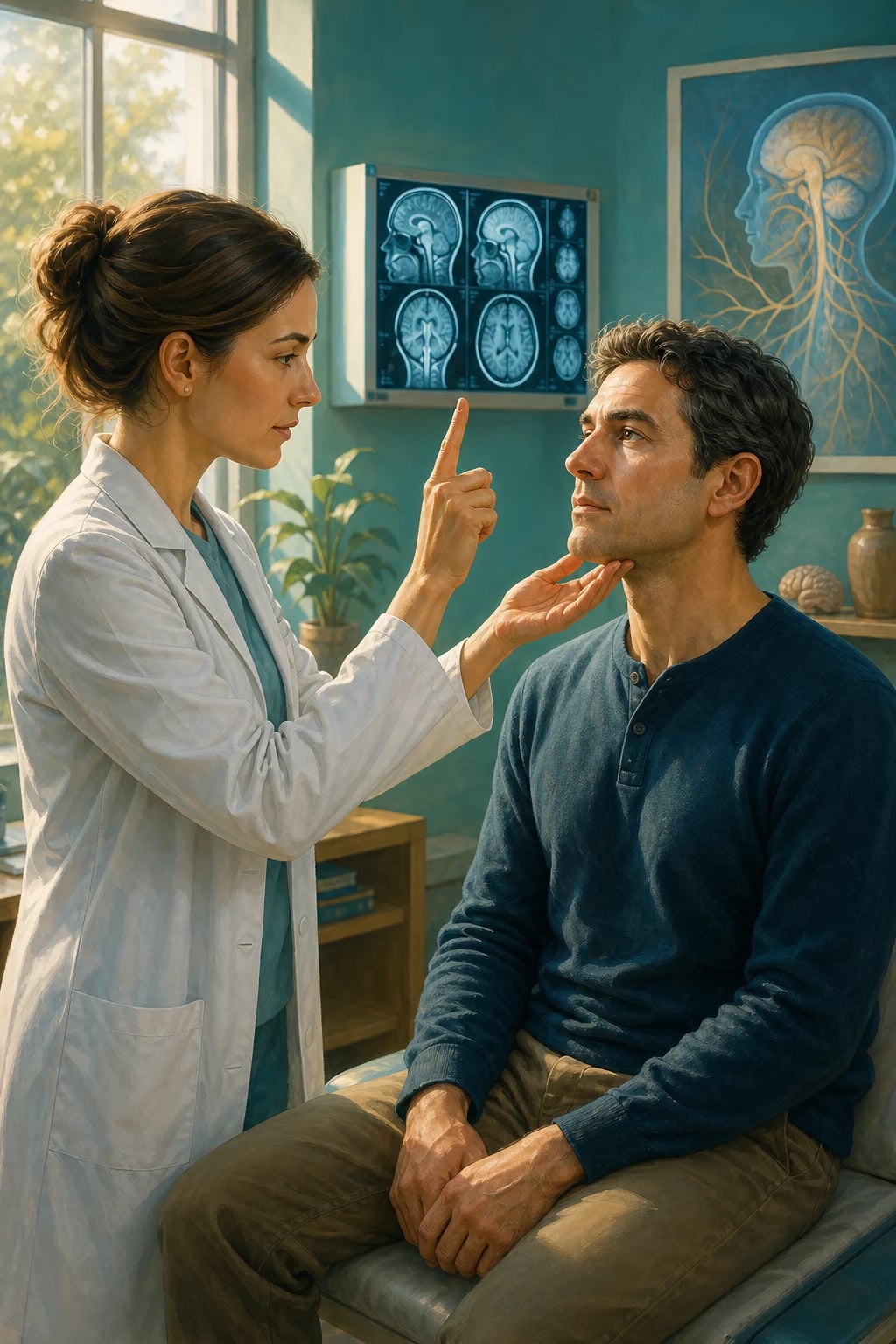 Cranial nerve examination — a stylised head and neck with the twelve cranial nerves mapped to their foramina, and the cardinal sign of each nerve arranged in examination order from olfactory to hypoglossal