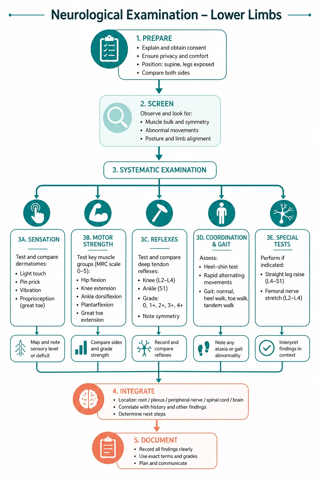 Pathophysiology for neurological examination lower limbs