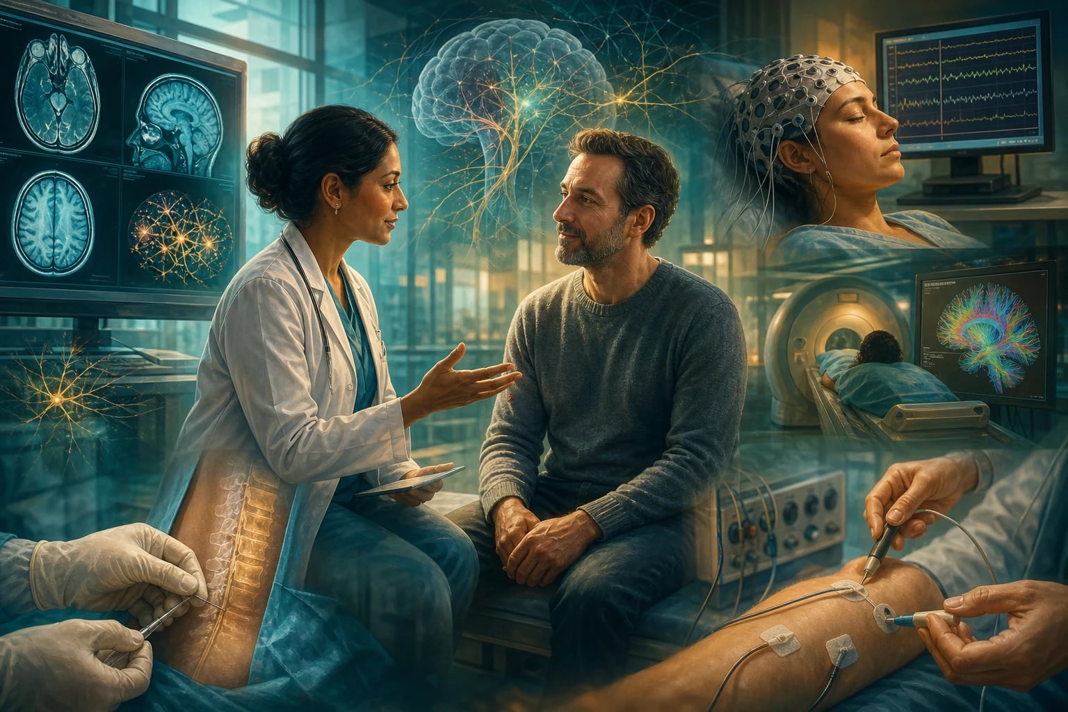 Clinical overview scene for Neurological Investigation LP EMG NCS EEG Neuroimaging.
