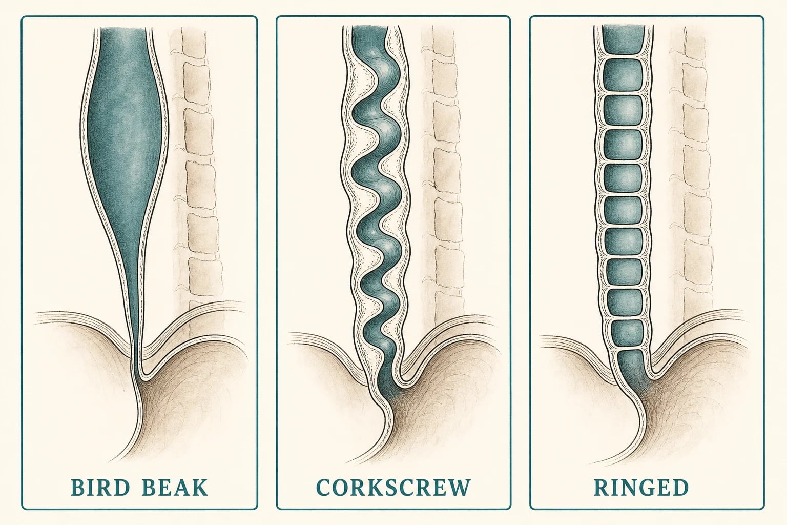 Diagrammatic barium swallow appearances: bird-beak of achalasia, corkscrew of diffuse spasm, ringed oesophagus of EoE