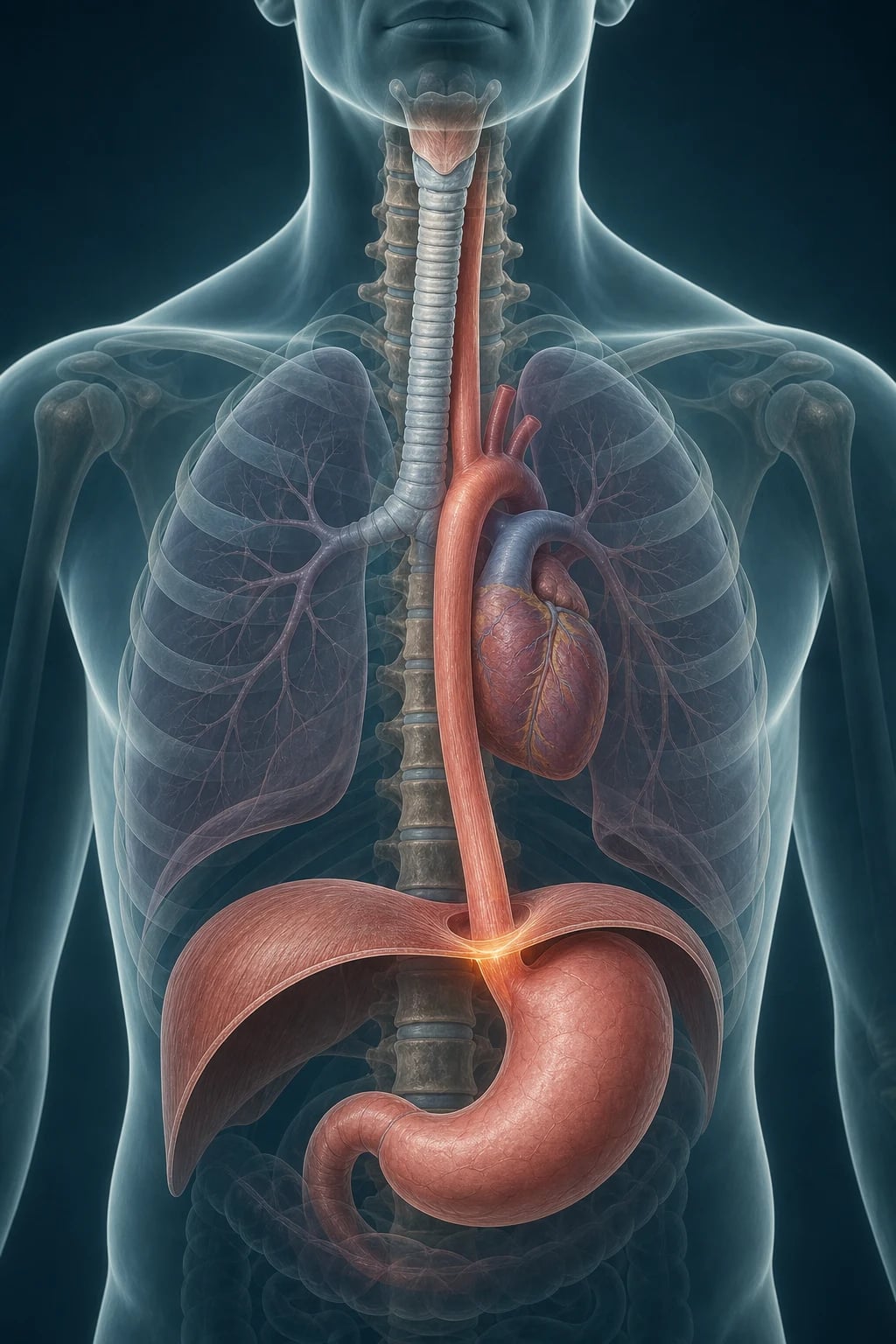 Anatomical illustration of the oesophagus traversing the posterior mediastinum from pharynx to stomach