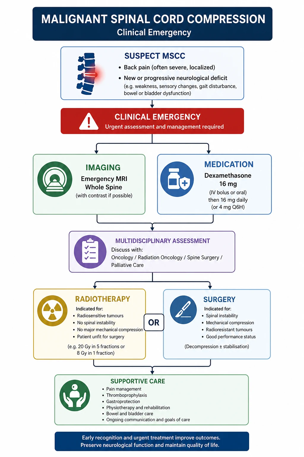 Malignant spinal cord compression algorithm — red-flag back pain, dexamethasone, MRI whole spine, the surgery versus radiotherapy decision