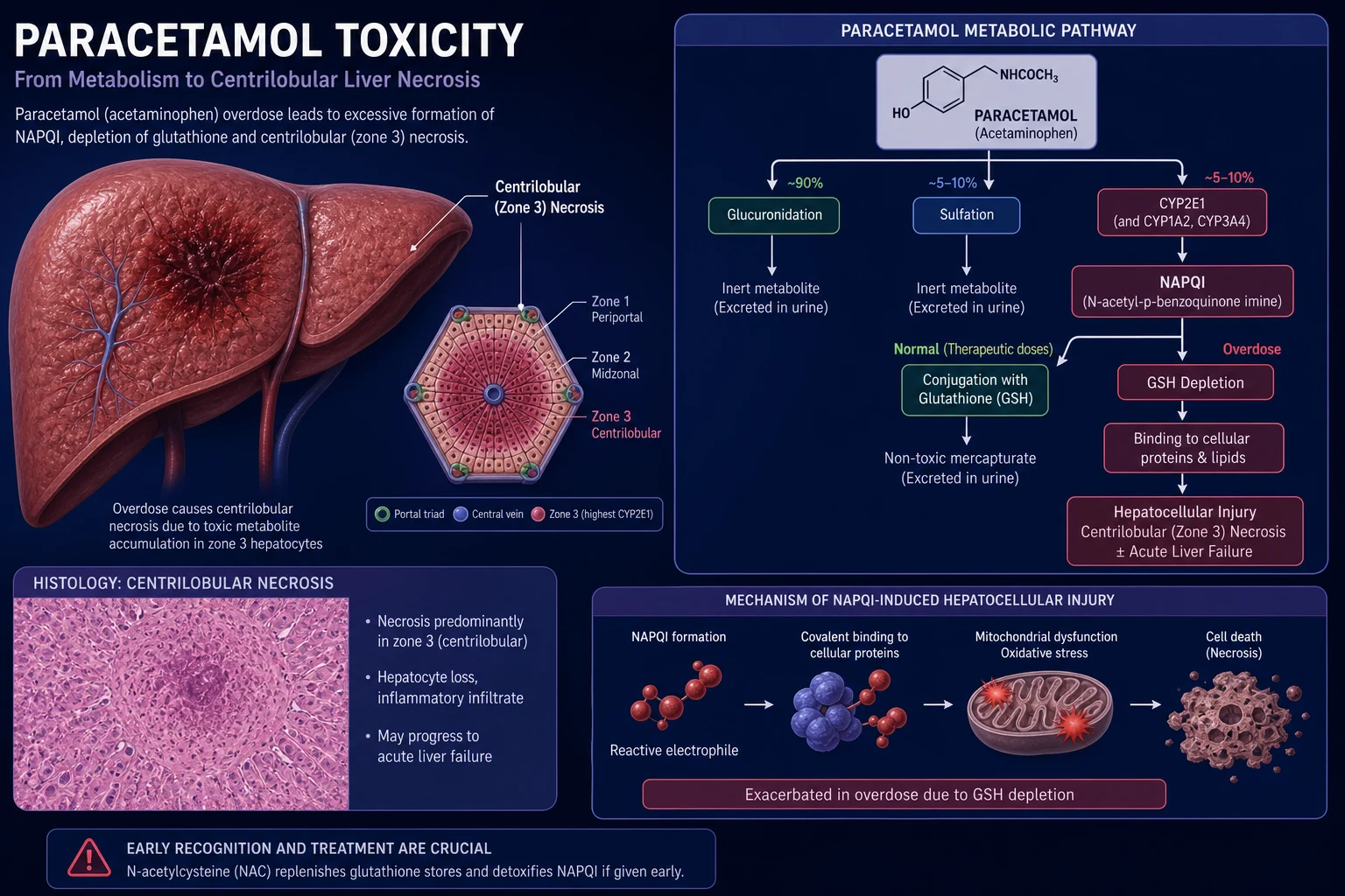 Paracetamol toxicity — centrilobular hepatocyte showing CYP2E1 shunting to NAPQI, glutathione depletion and zone 3 necrosis