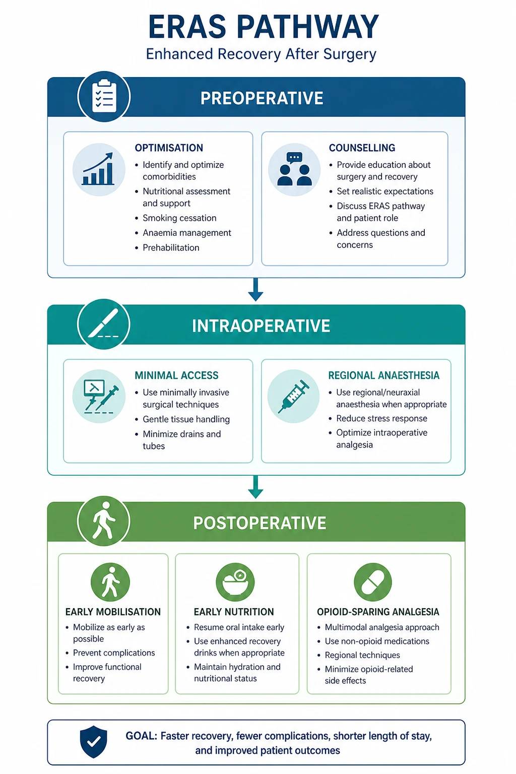 ERAS perioperative pathway — preadmission optimisation through preoperative carbohydrate loading, goal-directed fluid, multimodal opioid-sparing analgesia, early mobilisation and early feeding