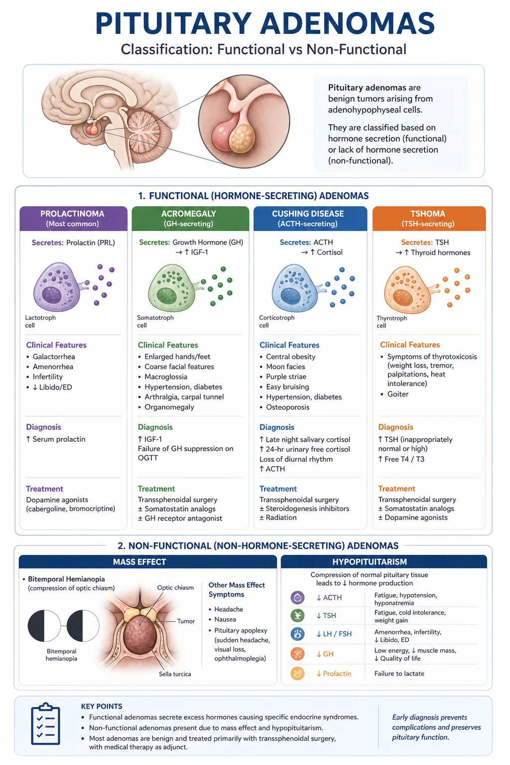 Pituitary adenoma functional classification — prolactinoma, GH-secreting (acromegaly), ACTH-secreting (Cushing disease), TSH-secreting, and non-functioning adenoma, with relative frequencies