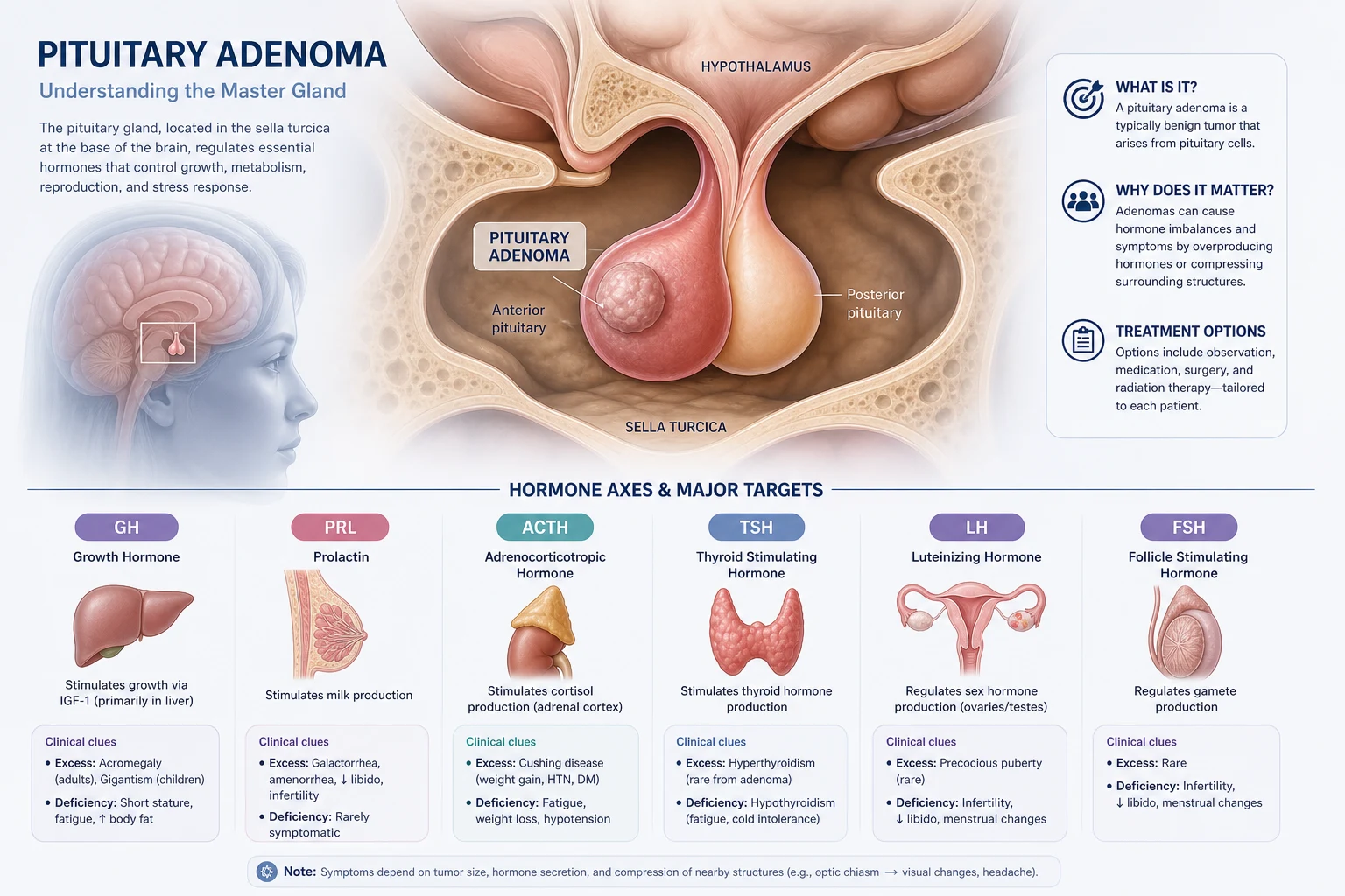 Pituitary disease — concept illustration showing the pituitary gland in the sella turcica, optic chiasm relationship, and anterior/posterior hormone axes