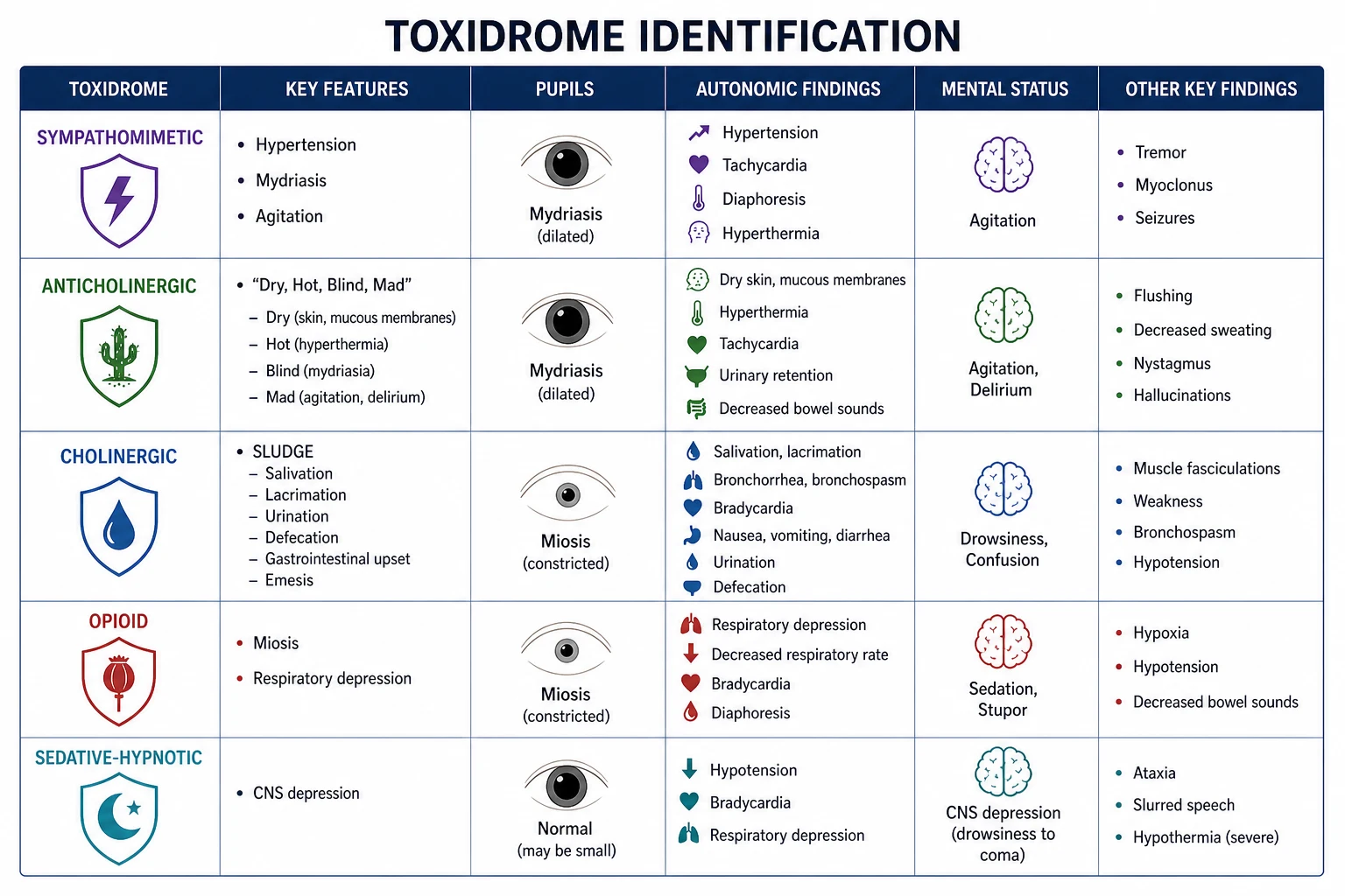 Toxidrome identification table — the five core toxidromes with vital signs, pupils, skin, bowel sounds and mental state discriminators