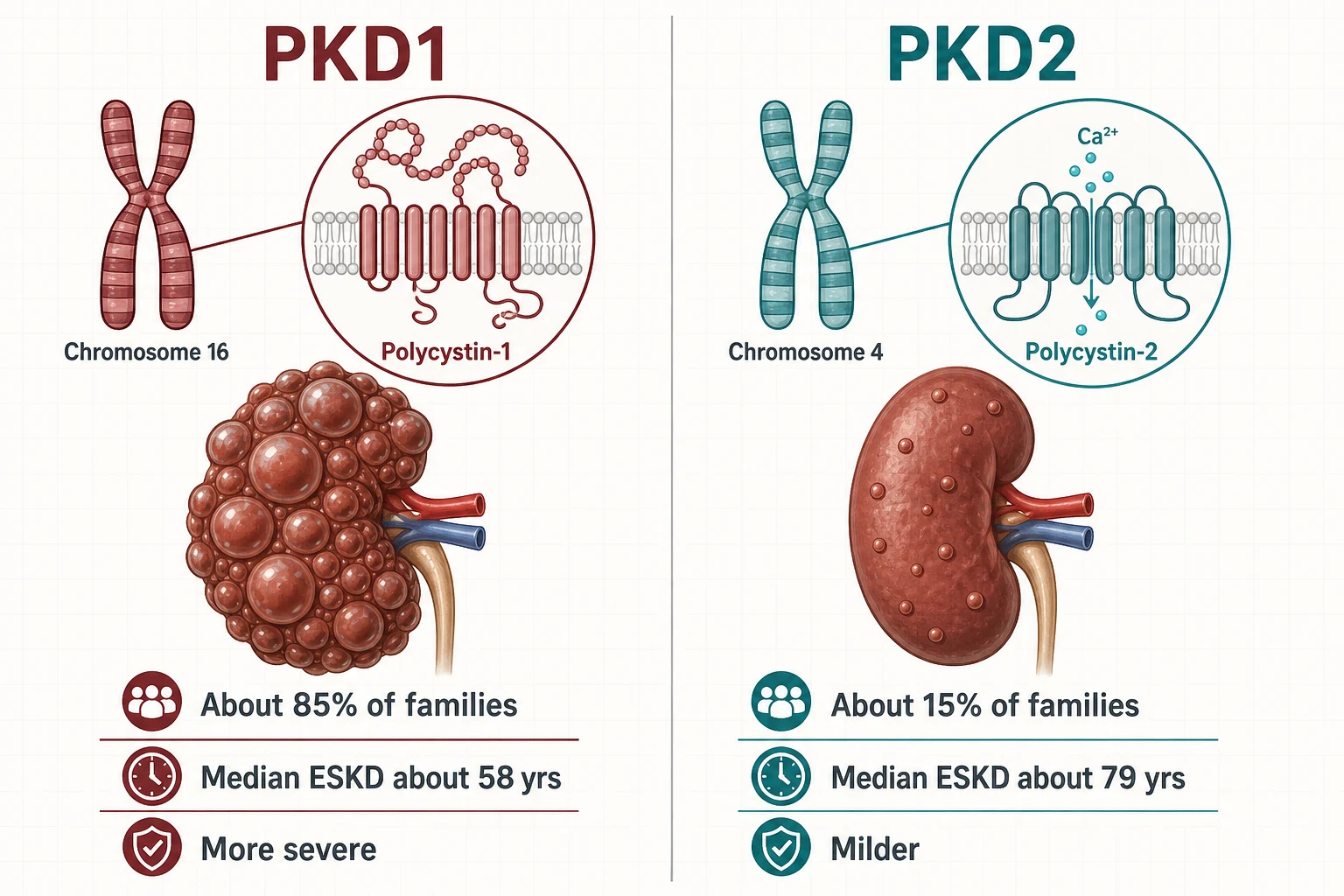 PKD1 versus PKD2: chromosome, polycystin protein, proportion of families, median age at end-stage kidney disease and severity