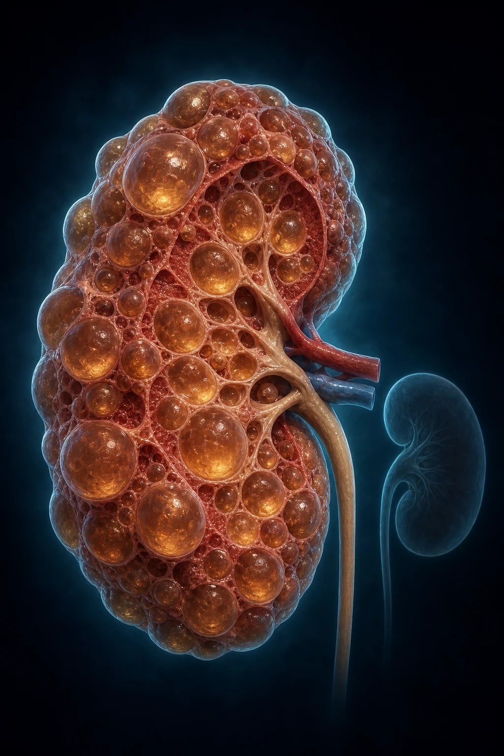 A kidney massively enlarged by innumerable fluid-filled cysts of varying sizes, with a ghosted normal kidney for scale