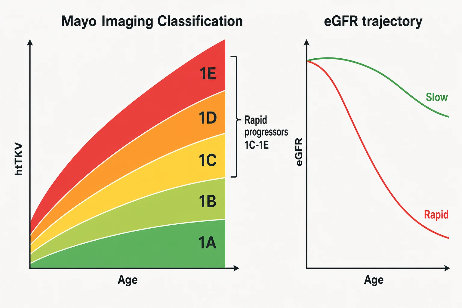 Mayo Imaging Classification heat map of height-adjusted total kidney volume against age, classes 1A to 1E, with a contrasting eGFR trajectory panel