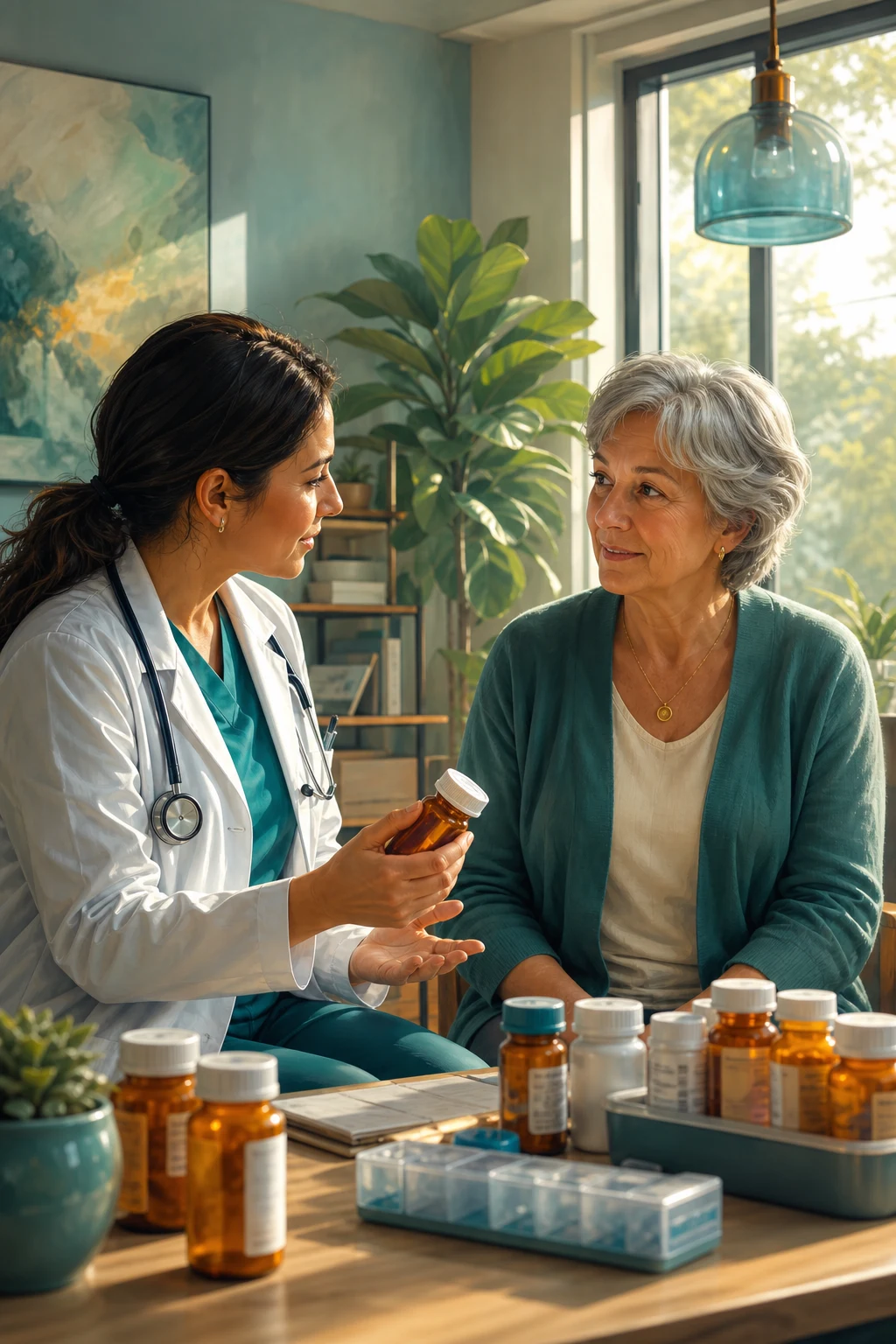 Polypharmacy in an older patient — a complex medication regimen of multiple regular medications in a frail older adult with multimorbidity, with the overlay of the deprescribing cycle from medication review through tapering to monitoring