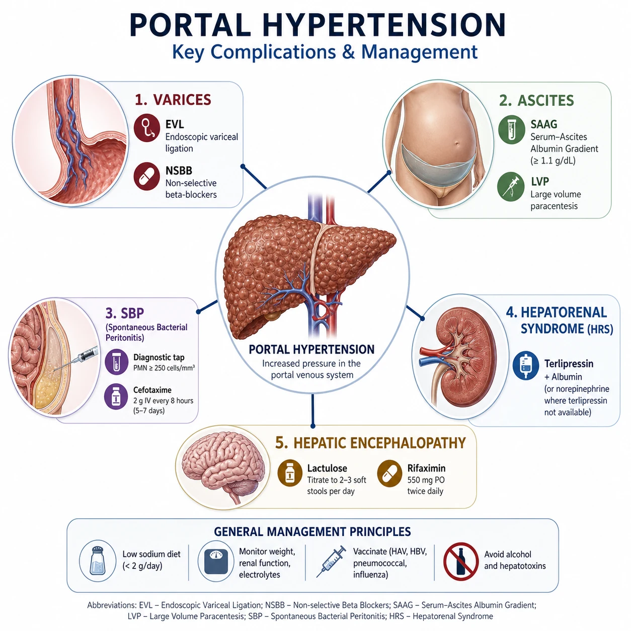Complications of portal hypertension: varices, ascites/SBP, HRS-AKI, hepatic encephalopathy