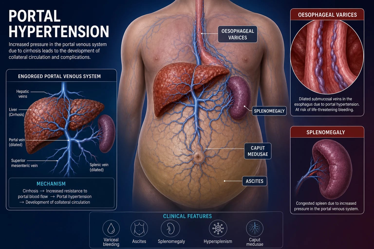 Portal hypertension — cirrhotic liver with dilated portal vein and portosystemic collaterals