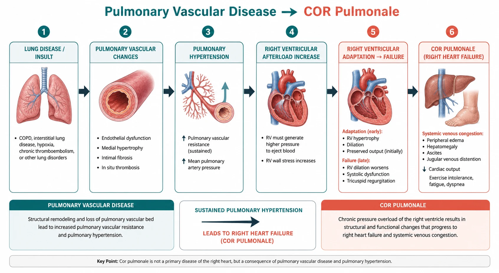 Pathophysiology mechanism diagram for Pulmonary Vascular Disease AND COR Pulmonale.
