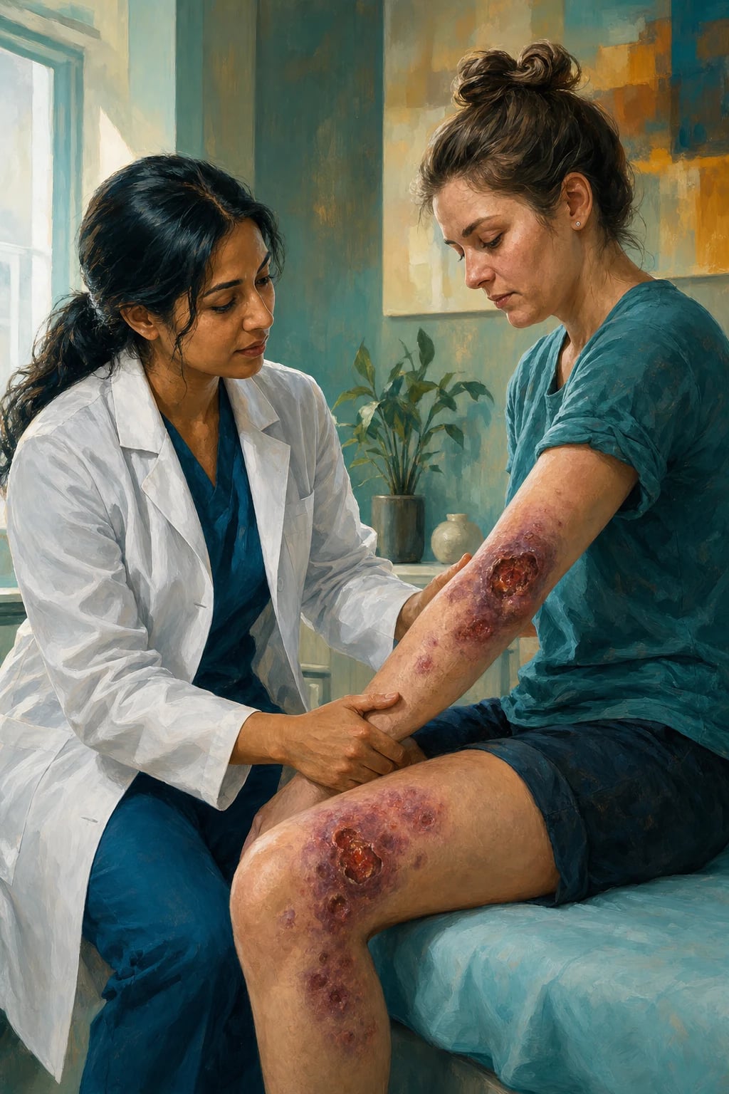 Clinical overview scene for Pyoderma Gangrenosum AND Neutrophilic Dermatoses.