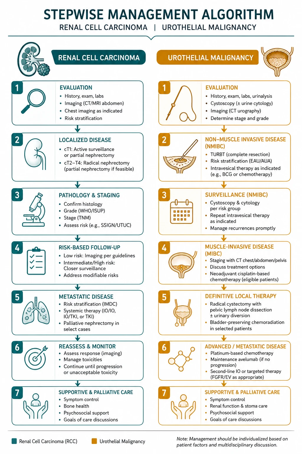 Stepwise management algorithm for Renal Cell Carcinoma AND Urothelial Malignancy.