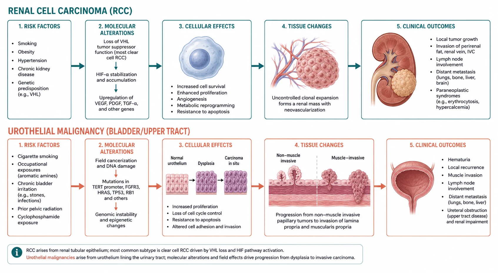 Pathophysiology mechanism diagram for Renal Cell Carcinoma AND Urothelial Malignancy.