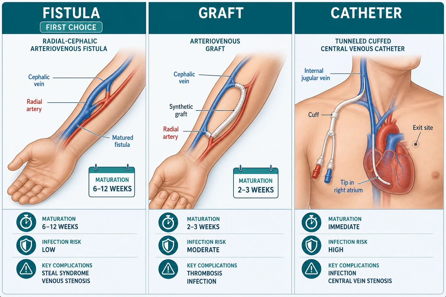 Three-column access panel: forearm radial-cephalic arteriovenous fistula (first choice, 6-12 weeks maturation, low infection risk), arteriovenous graft (2-3 weeks, moderate risk), and tunneled cuffed central venous catheter (immediate use, highest infection risk, tip in right atrium)