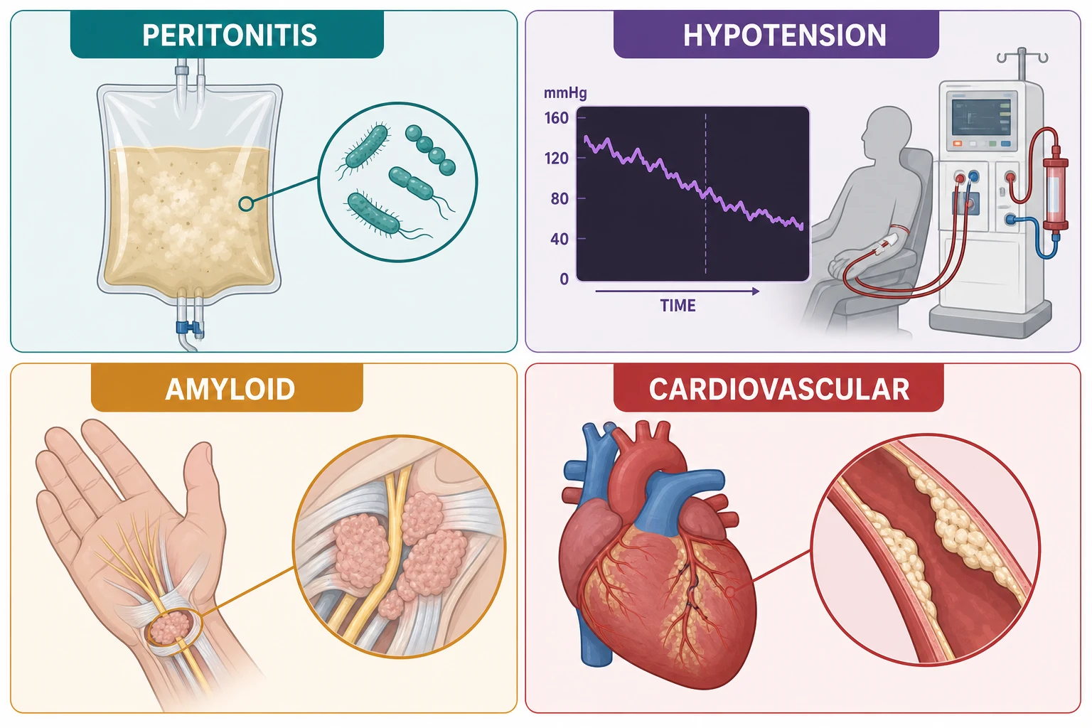 Four-quadrant complications panel: cloudy peritoneal dialysis effluent with bacteria (peritonitis), a falling blood-pressure trace during haemodialysis (intradialytic hypotension), carpal tunnel amyloid deposits at the wrist, and a heart with calcified vessels (cardiovascular burden)