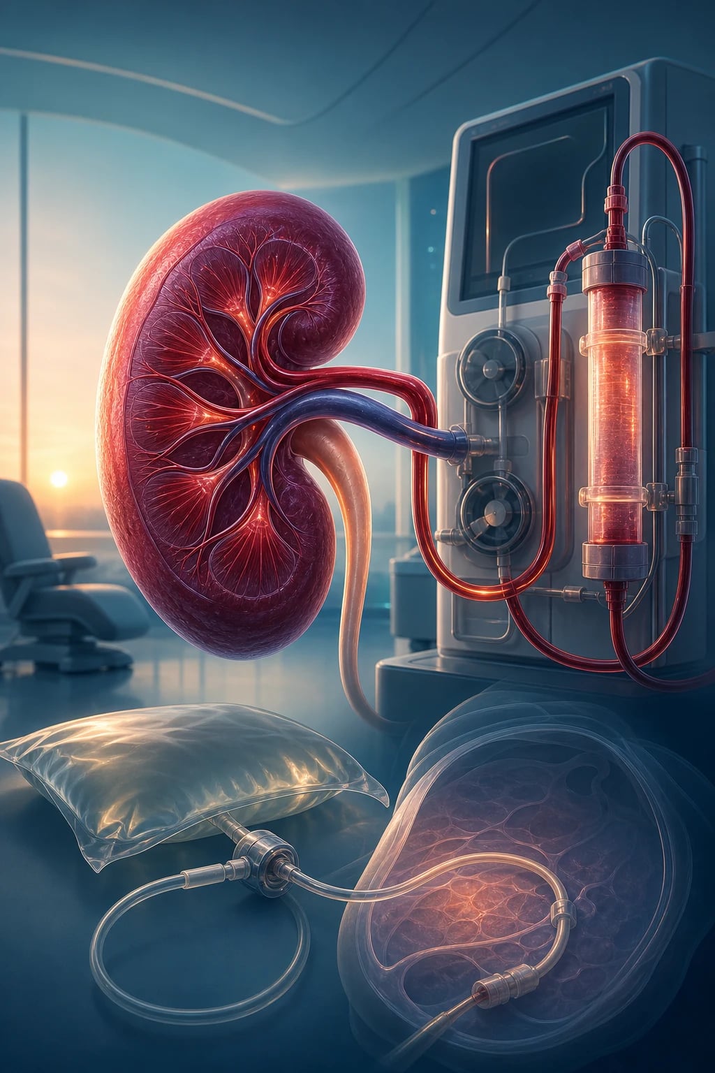 A stylised kidney beside a haemodialysis machine with its blood circuit and dialyser, with a peritoneal dialysis catheter and dialysate bag in the foreground