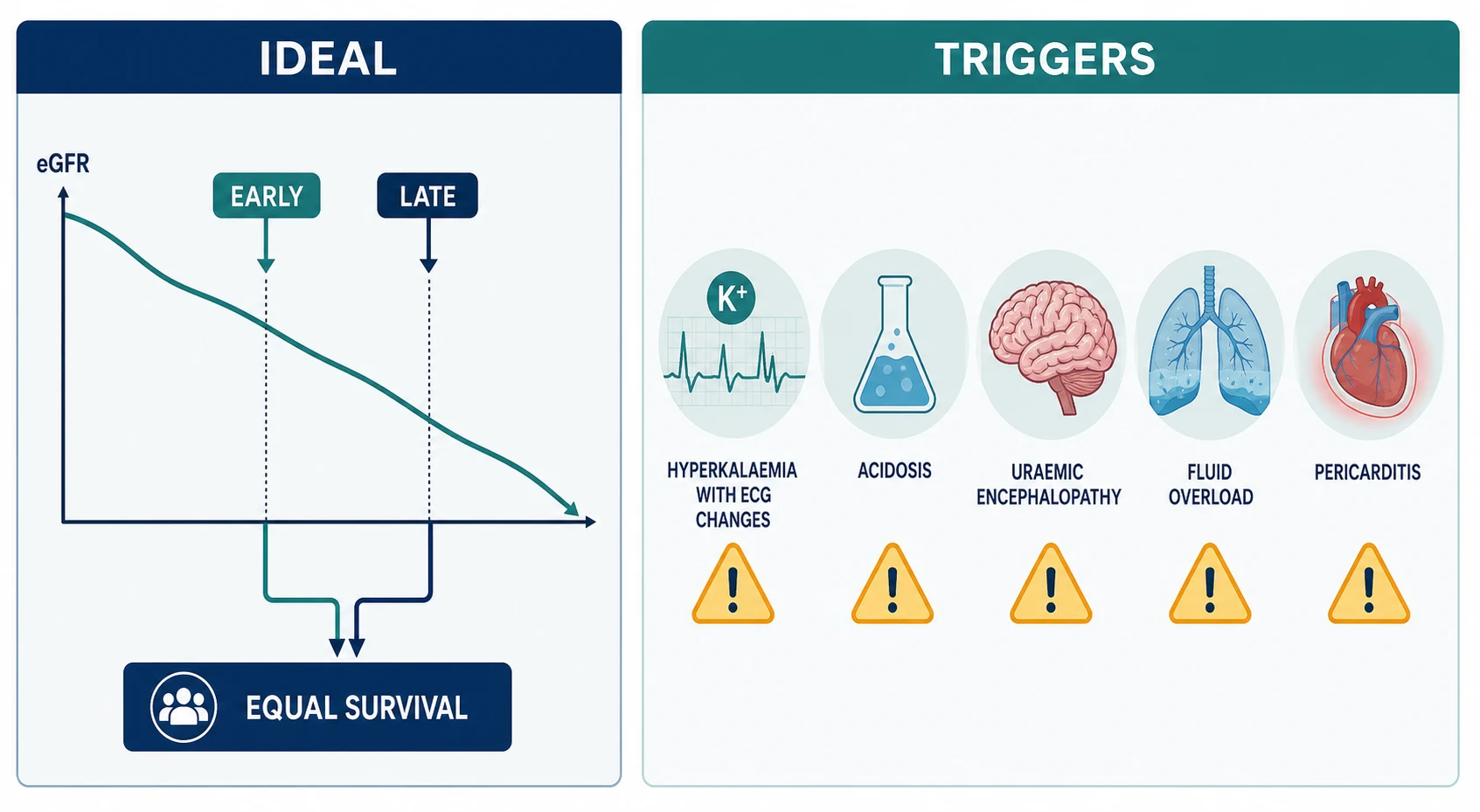 The IDEAL trial concept — early versus late dialysis start converging to equal survival — beside the clinical triggers panel: hyperkalaemia, acidosis, uraemic encephalopathy, fluid overload, pericarditis