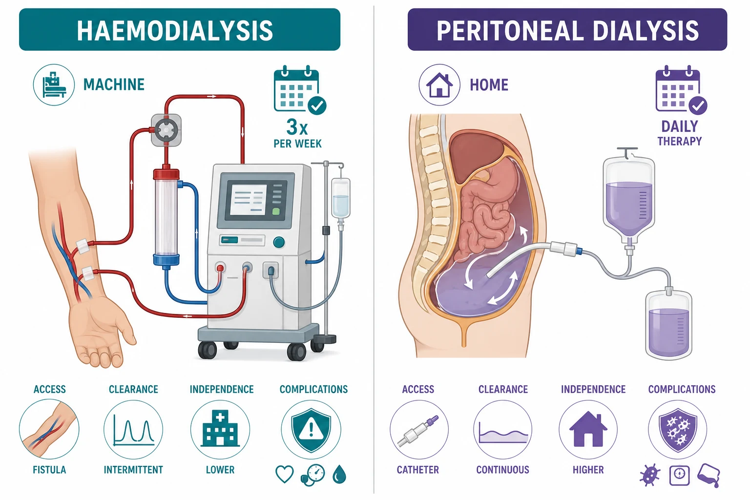 Two-panel comparison of haemodialysis (machine, three sessions weekly, fistula access, intermittent clearance) and peritoneal dialysis (home, daily therapy, catheter access, continuous clearance)