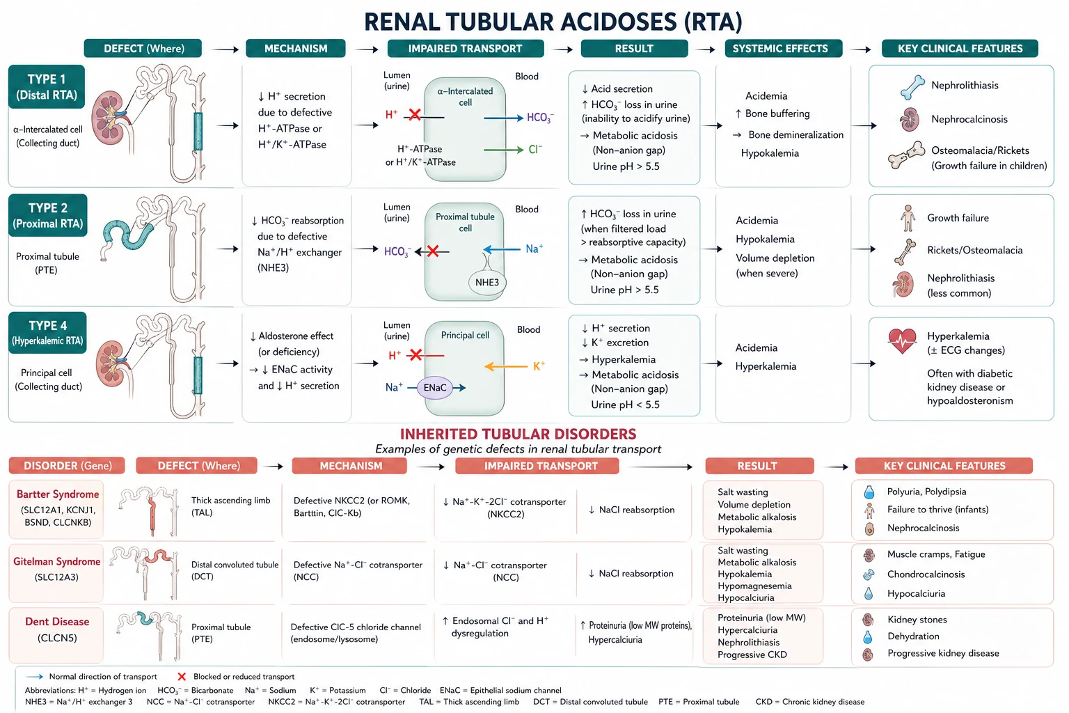 Pathophysiology mechanism diagram for Renal Tubular Acidoses AND Inherited Tubular Disorders.