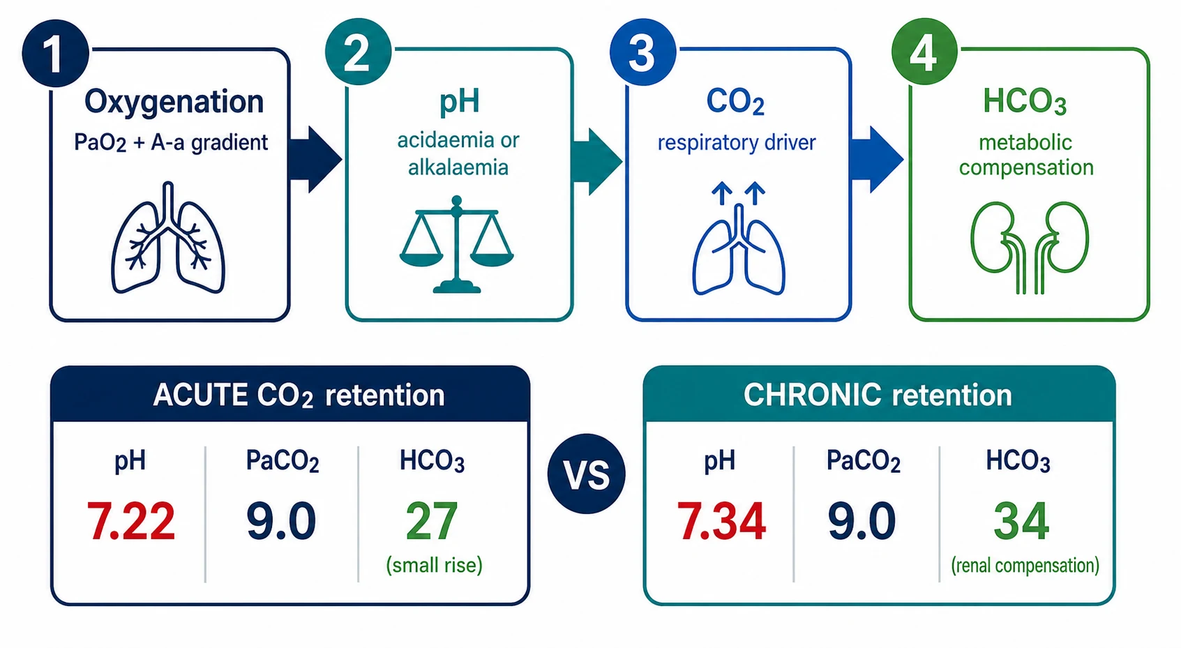 Systematic ABG interpretation — oxygenation, pH, CO2, bicarbonate, and acute versus chronic CO2 retention