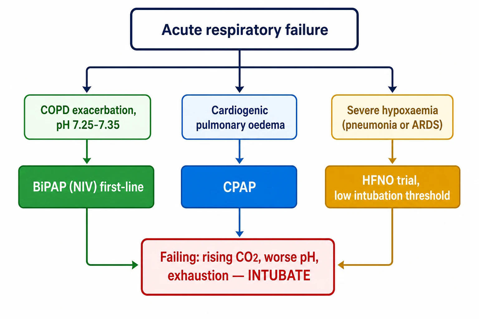 Respiratory support selection — BiPAP for acidotic COPD exacerbation, CPAP for cardiogenic pulmonary oedema, HFNO for hypoxaemic failure, intubation for failure