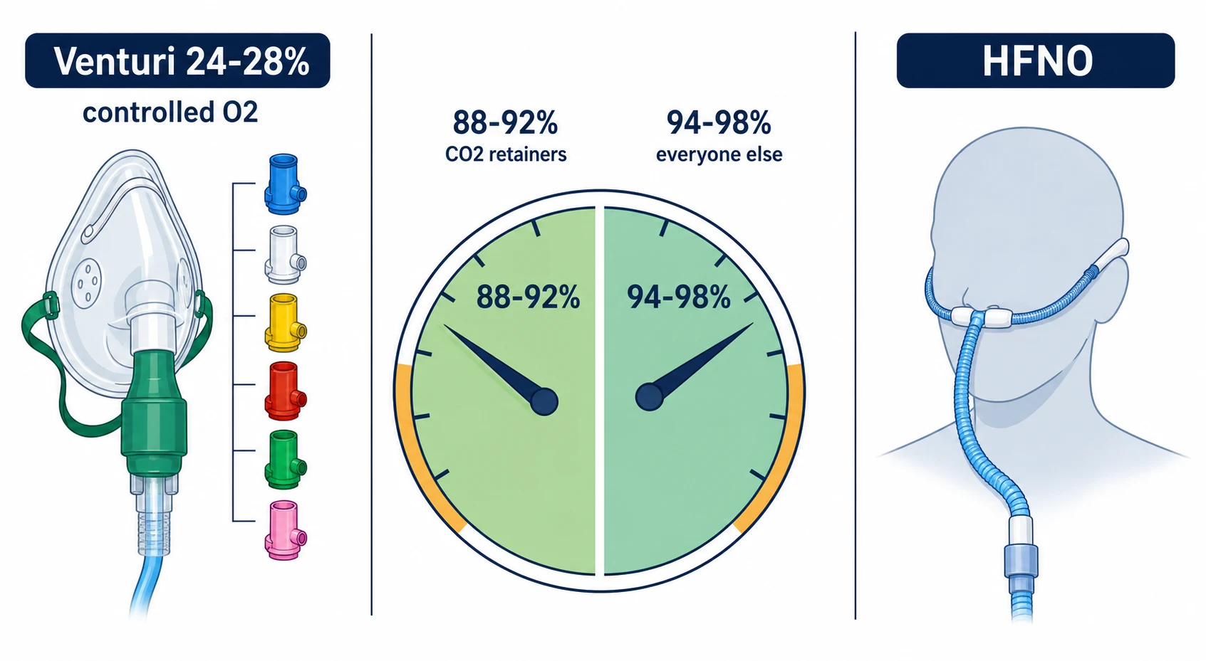 Controlled oxygen therapy — Venturi mask 24-28%, saturation targets 88-92 versus 94-98 percent, and high-flow nasal oxygen