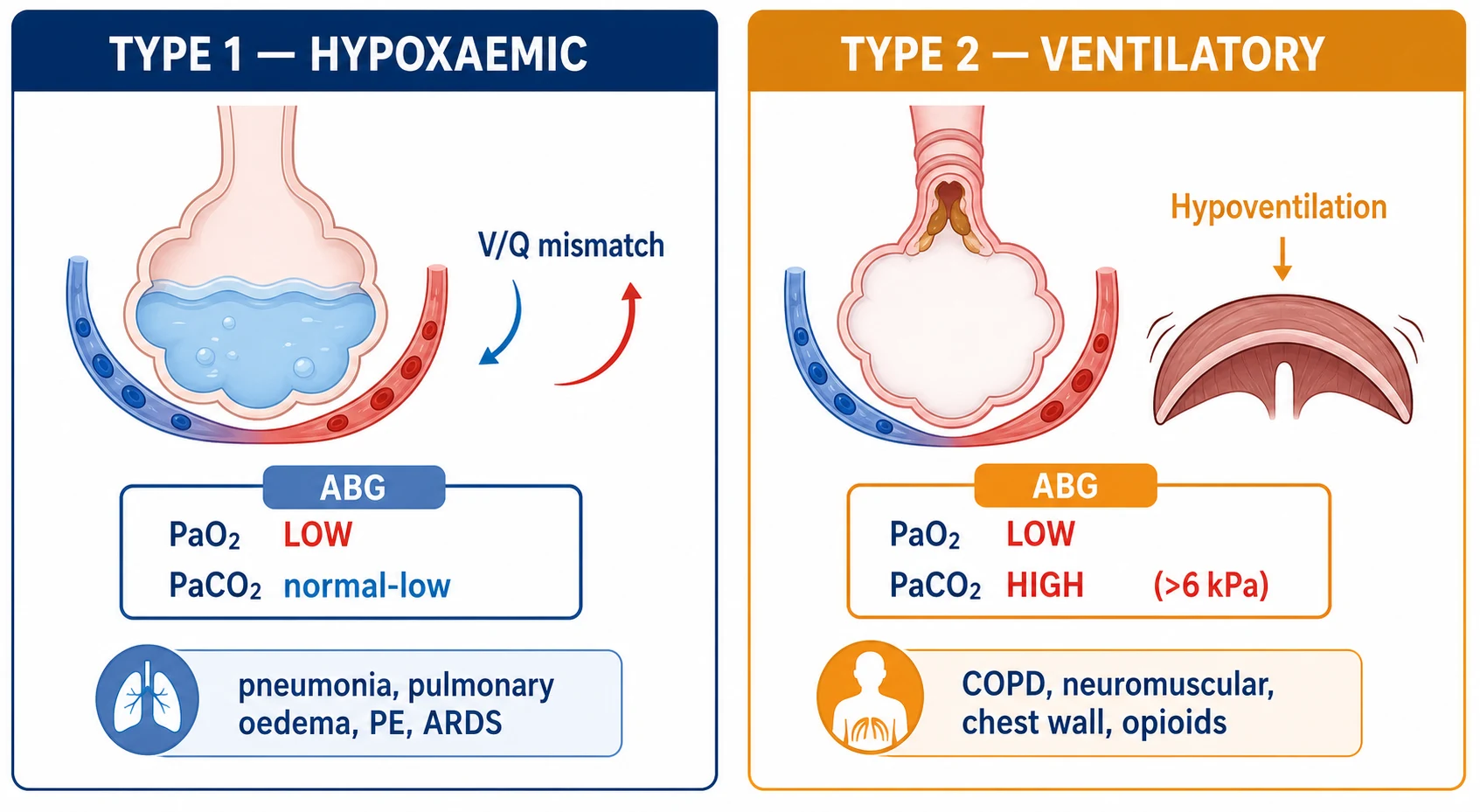 Type 1 versus type 2 respiratory failure — hypoxaemia from V/Q mismatch versus hypercapnia from hypoventilation