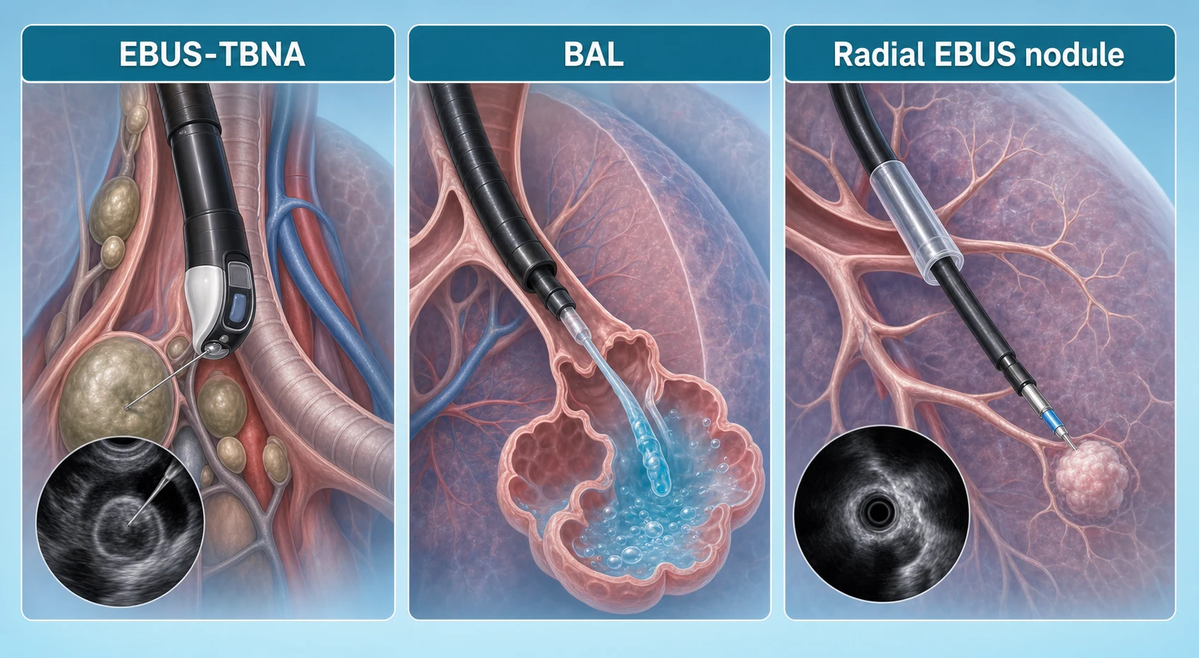 Bronchoscopy sampling tools: EBUS-TBNA of a mediastinal node, bronchoalveolar lavage, and radial EBUS reaching a peripheral nodule