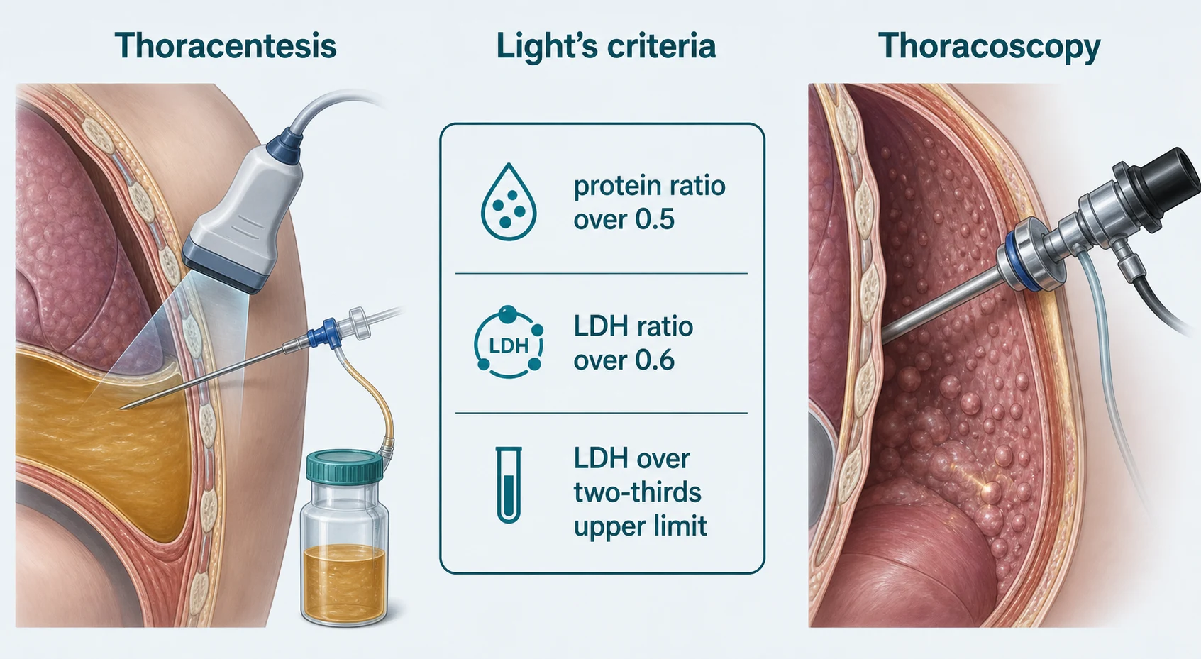 Pleural investigation: ultrasound-guided thoracentesis, Light's criteria for an exudate, and medical thoracoscopy showing nodular pleura