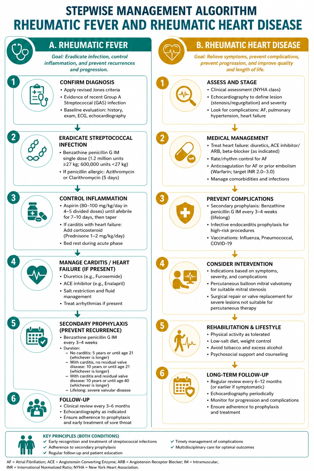 Stepwise management algorithm for Rheumatic Fever AND Rheumatic Heart Disease.