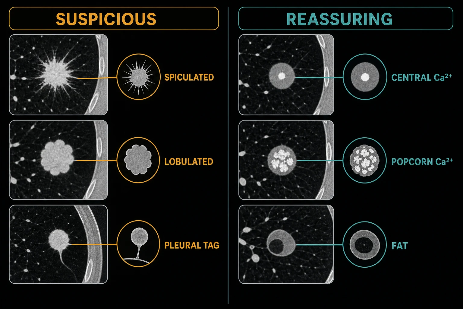 Comparison panel of suspicious versus reassuring CT features of a pulmonary nodule: spiculated, lobulated and pleural tag versus central calcification, popcorn calcification and macroscopic fat