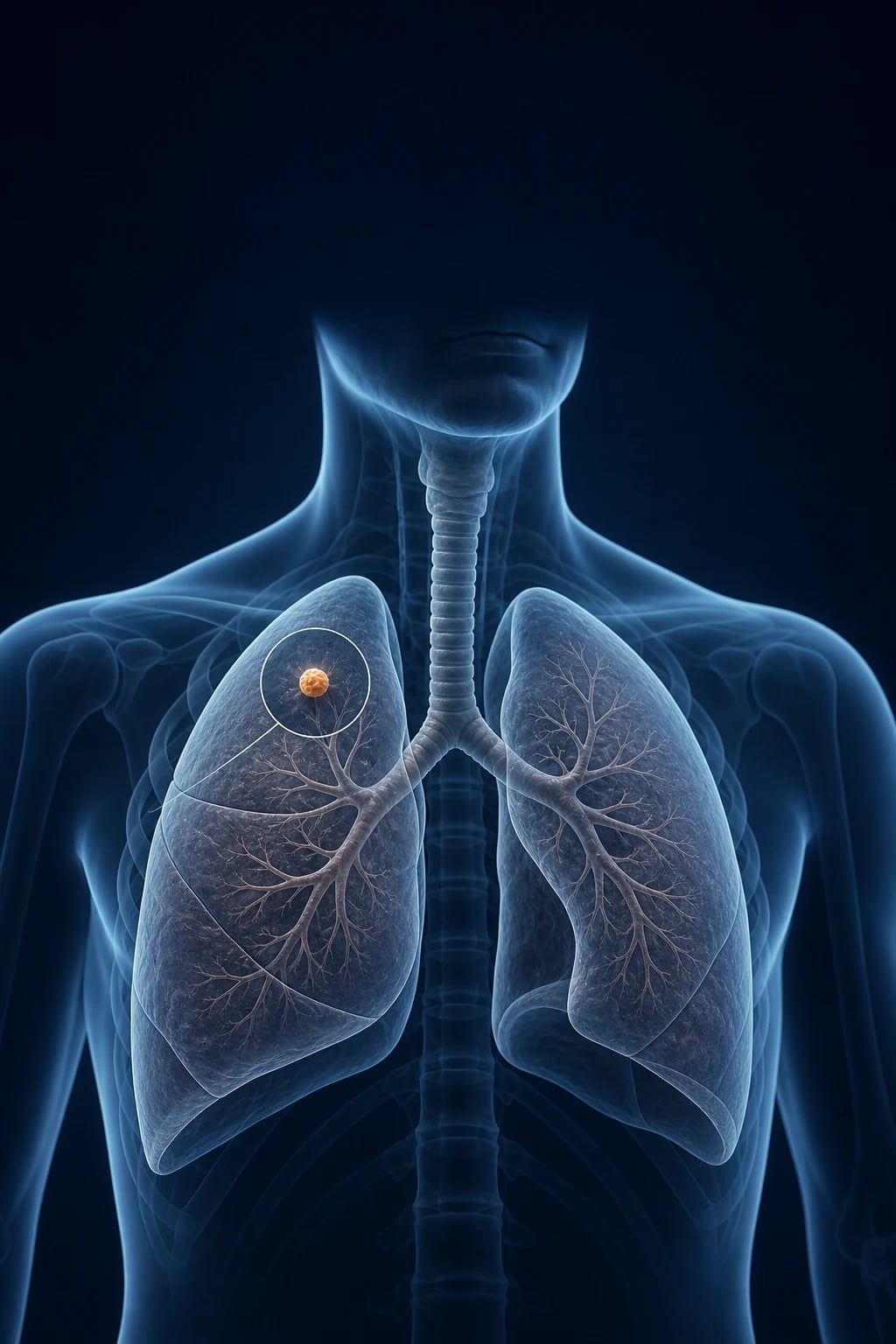 Anatomical illustration of the lungs with a single small well-defined nodule in the right upper lobe